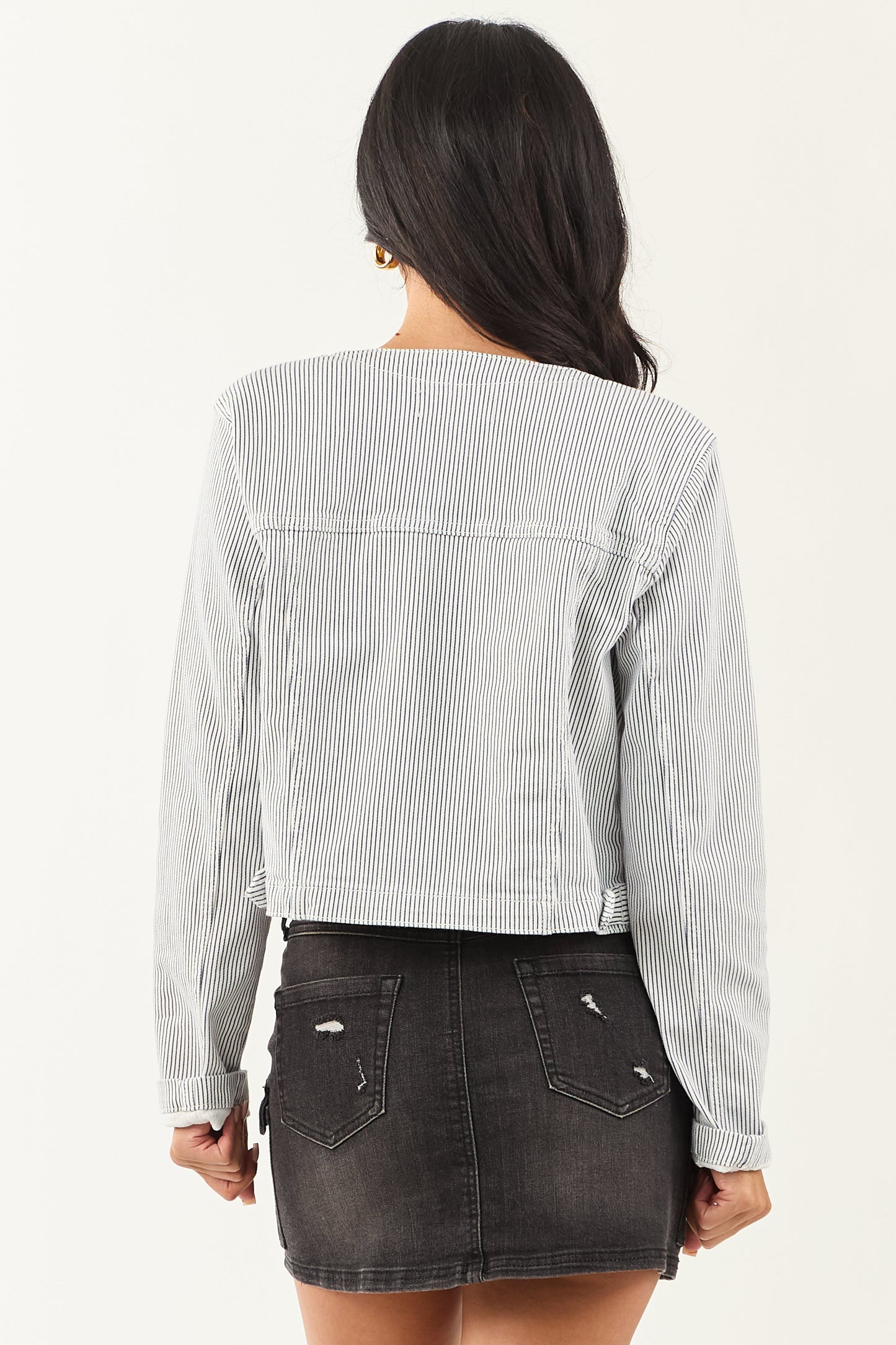 Navy and Off White Pin Stripe Buttoned Denim Jacket