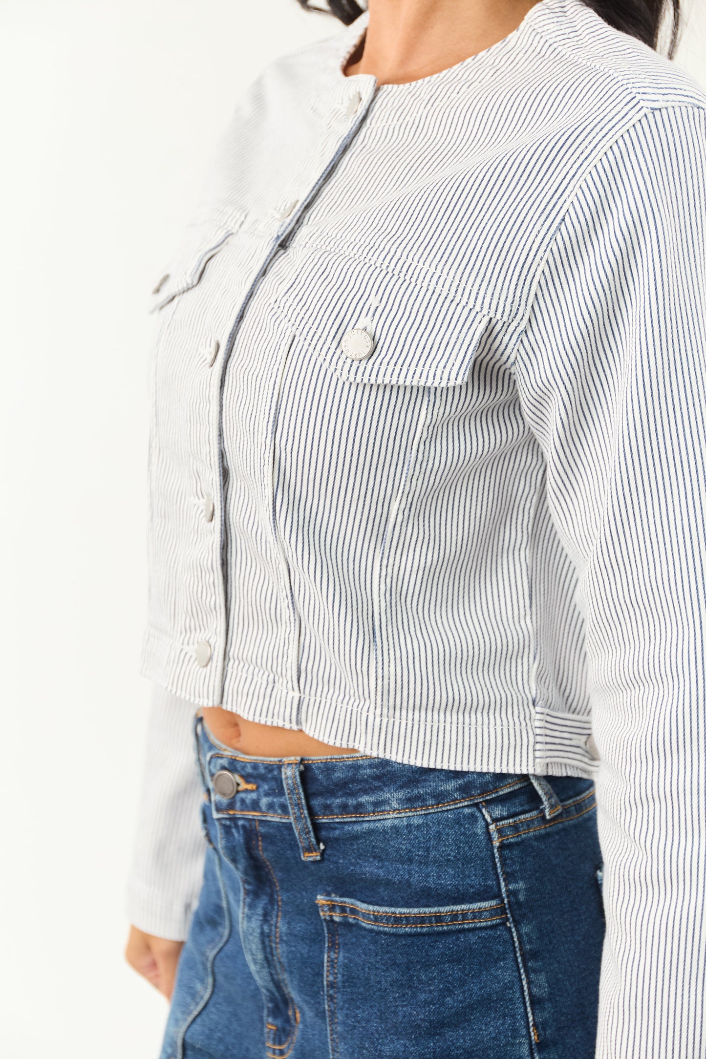 Navy and Off White Pin Stripe Buttoned Denim Jacket