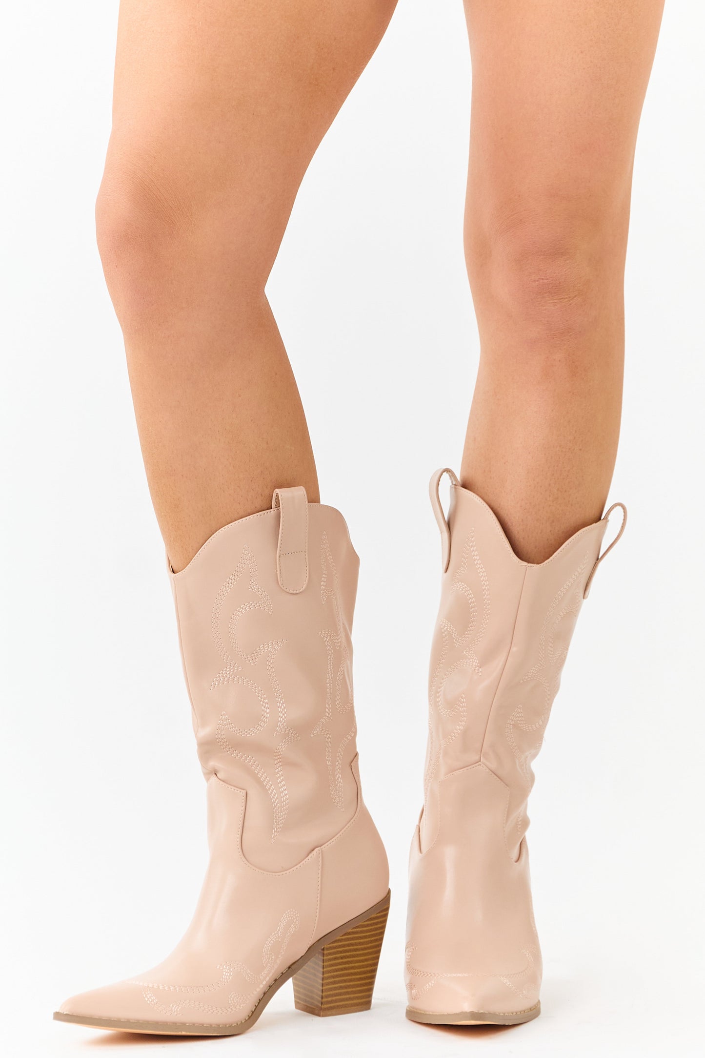 Nude Faux Leather Stacked Heel Cowboy Boots