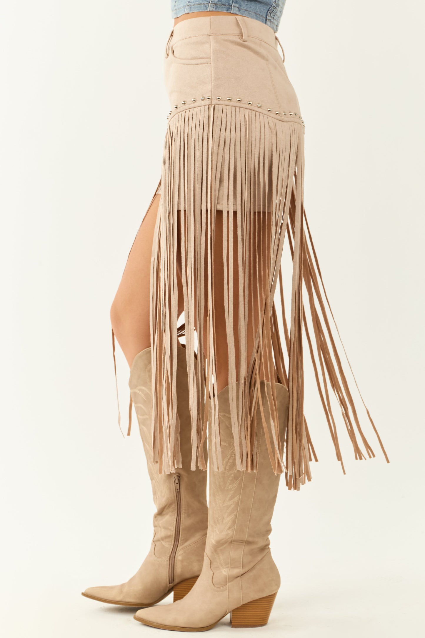 Oatmeal Faux Suede Fringe High Rise Studded Shorts