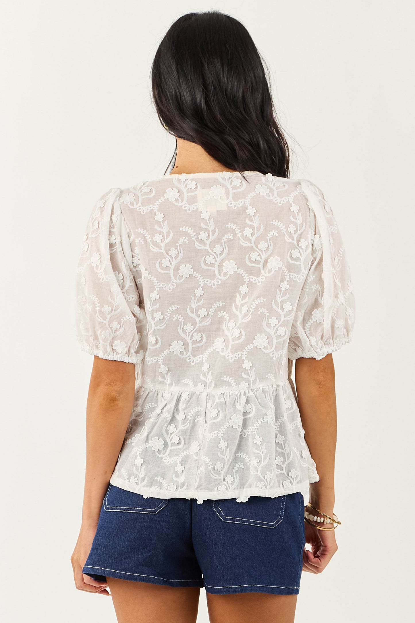 Off White Textured Floral Short Sleeve Peplum Blouse