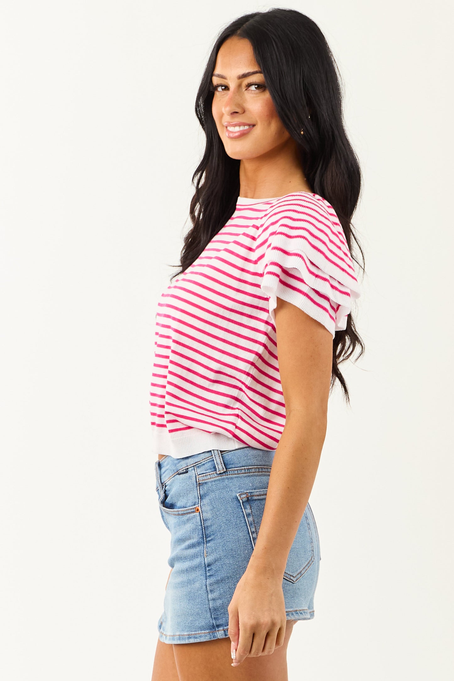 Off White and Raspberry Striped Short Sleeve Top