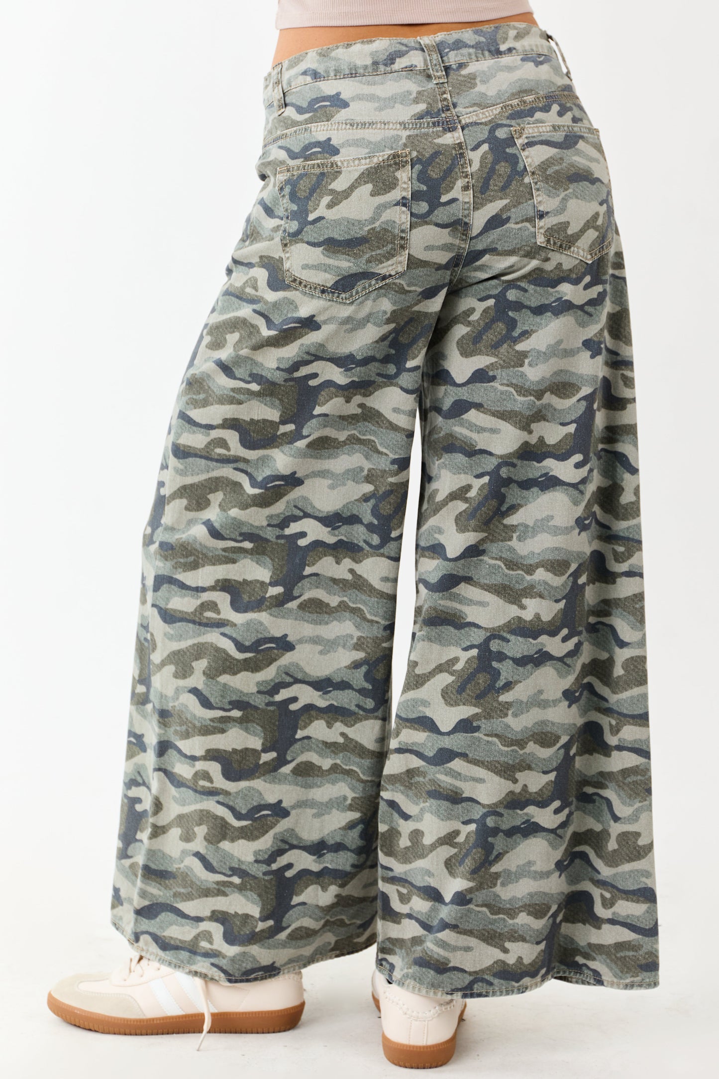 Olive Camo Print Wide Leg Drawstring Denim Pants