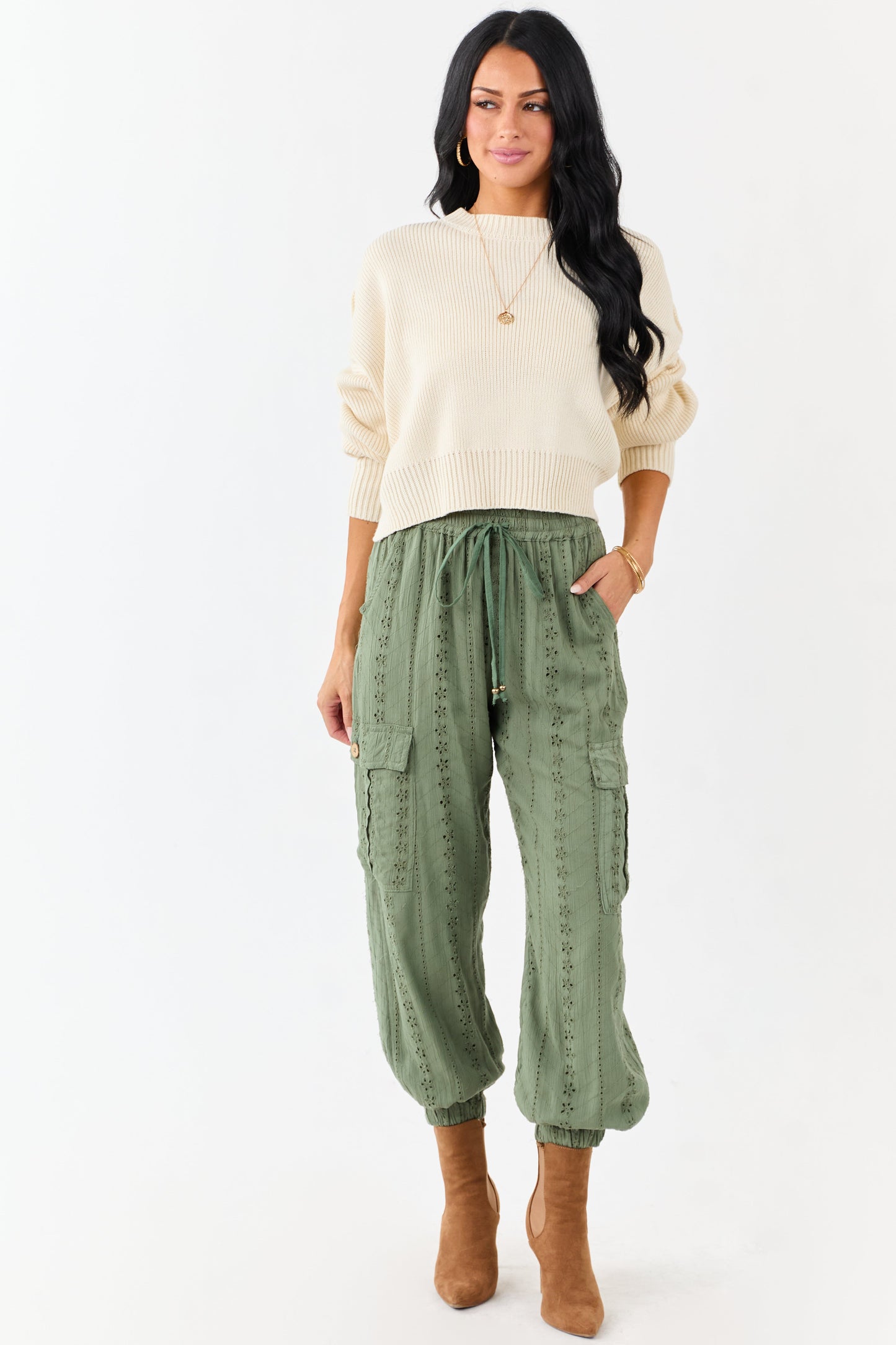 Olive Eyelet Lace Drawstring Cargo Jogger Pants
