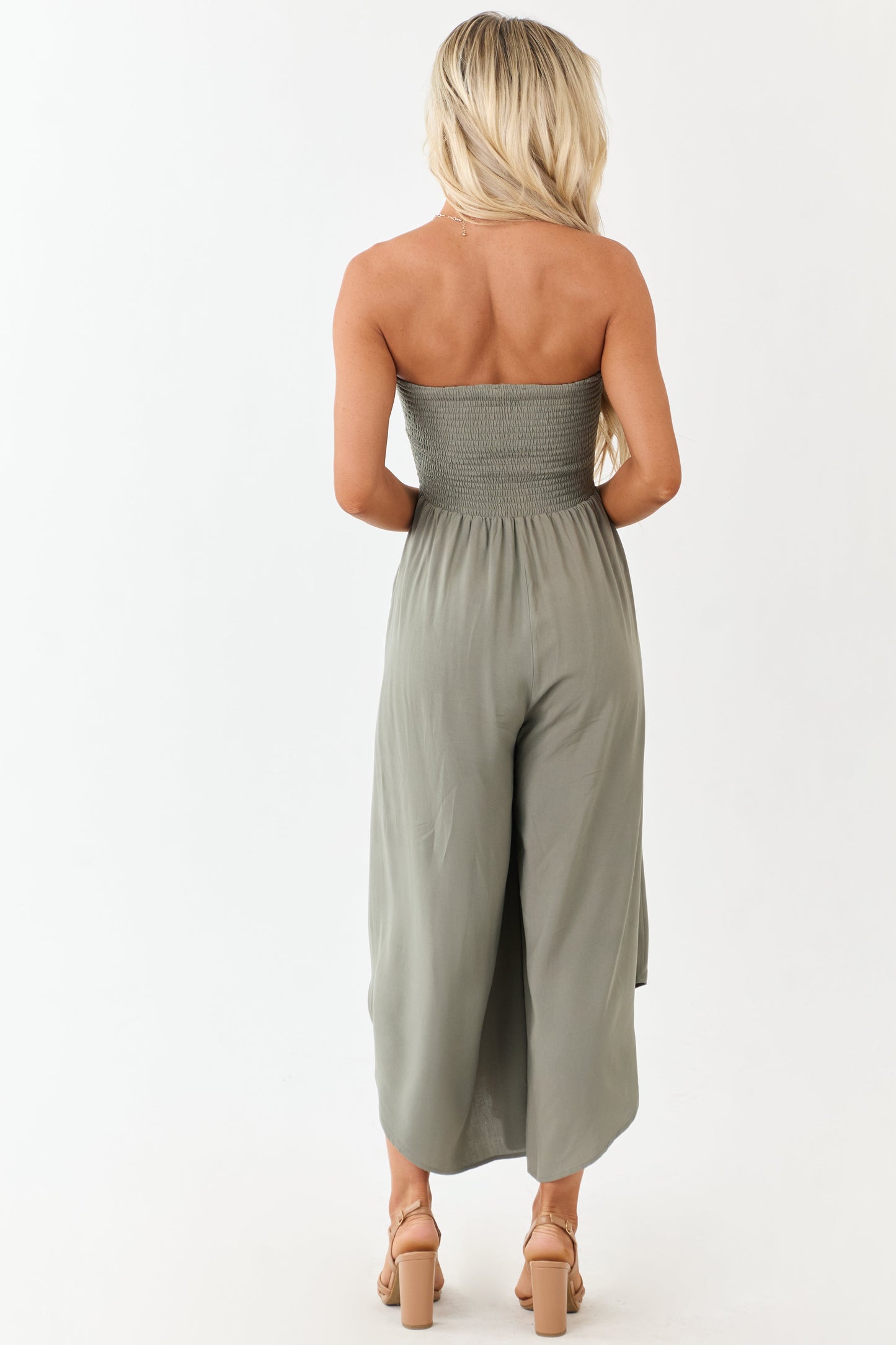Olive Smocked Bodice Strapless Wide Leg Jumpsuit