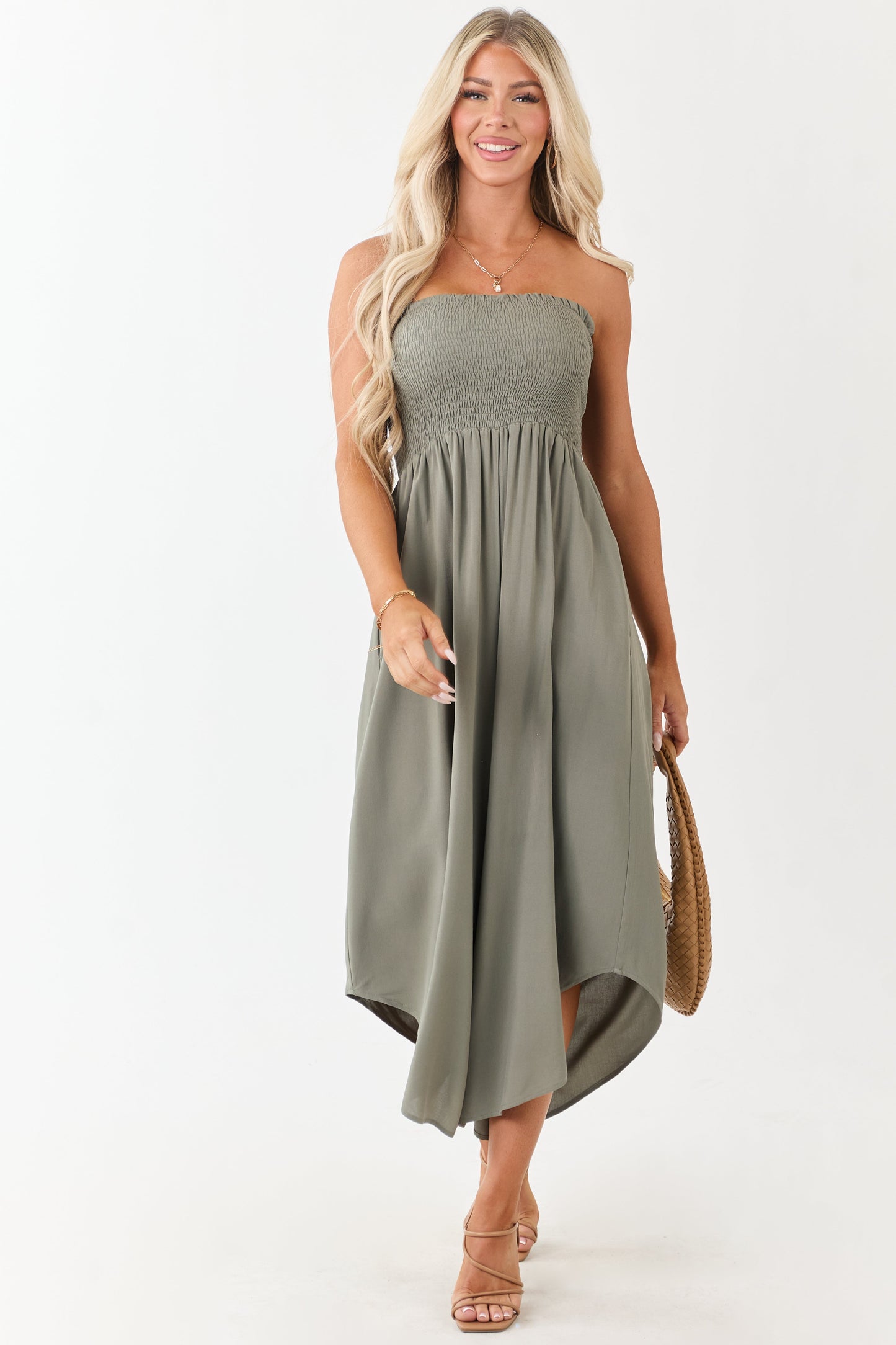 Olive Smocked Bodice Strapless Wide Leg Jumpsuit