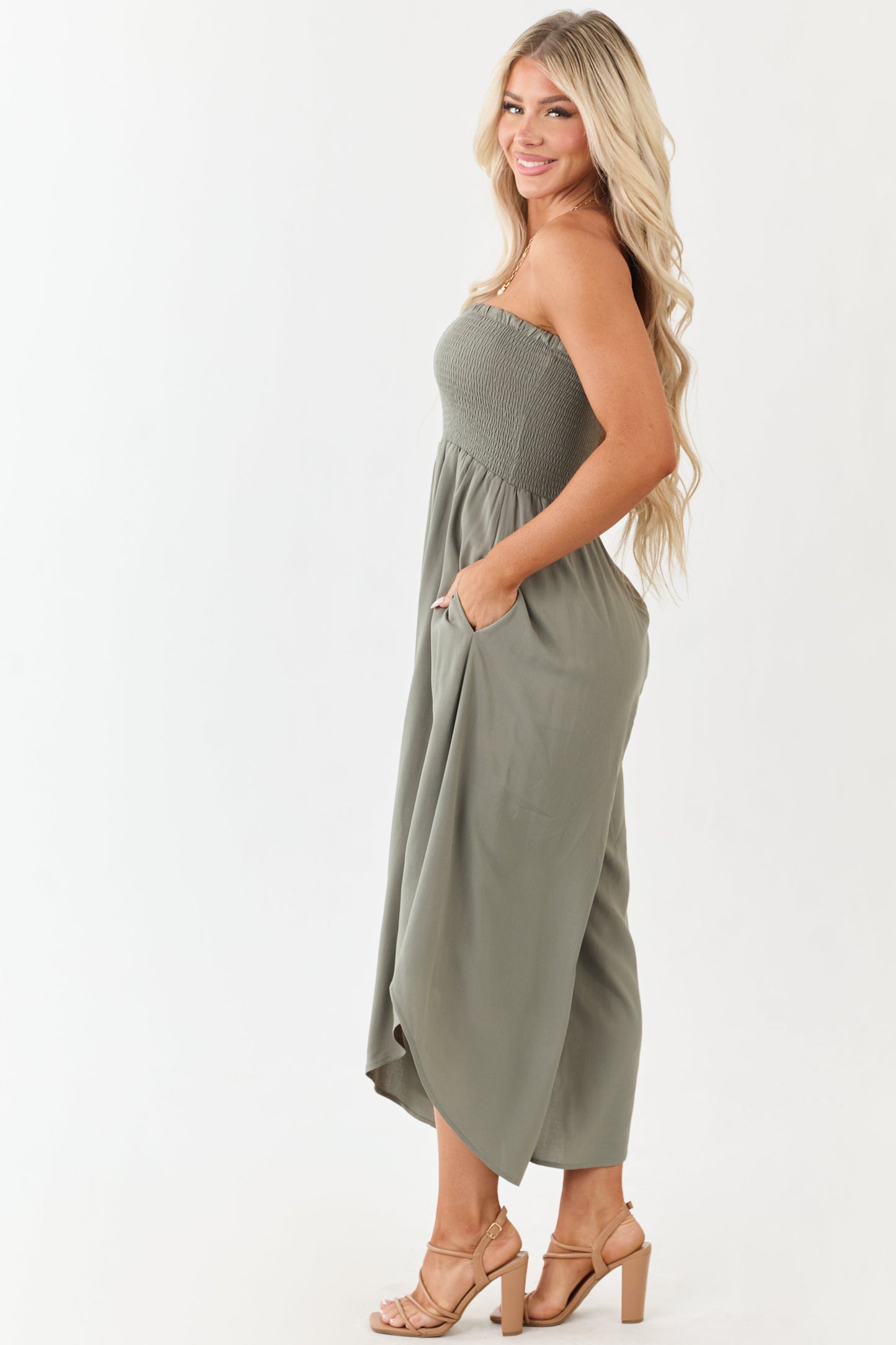 Olive Smocked Bodice Strapless Wide Leg Jumpsuit