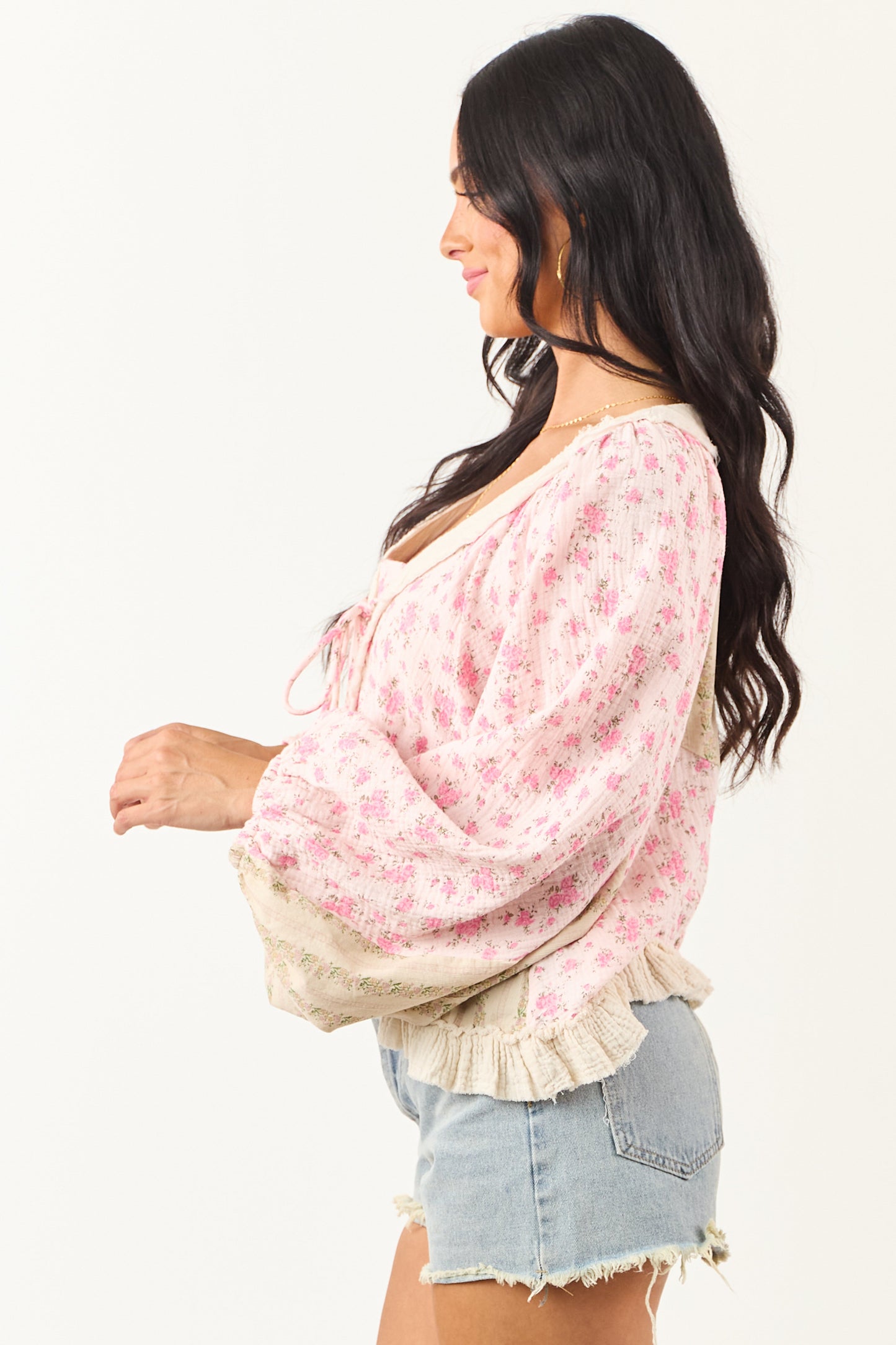 POL Baby Pink Floral Patchwork Gauze Cotton Top