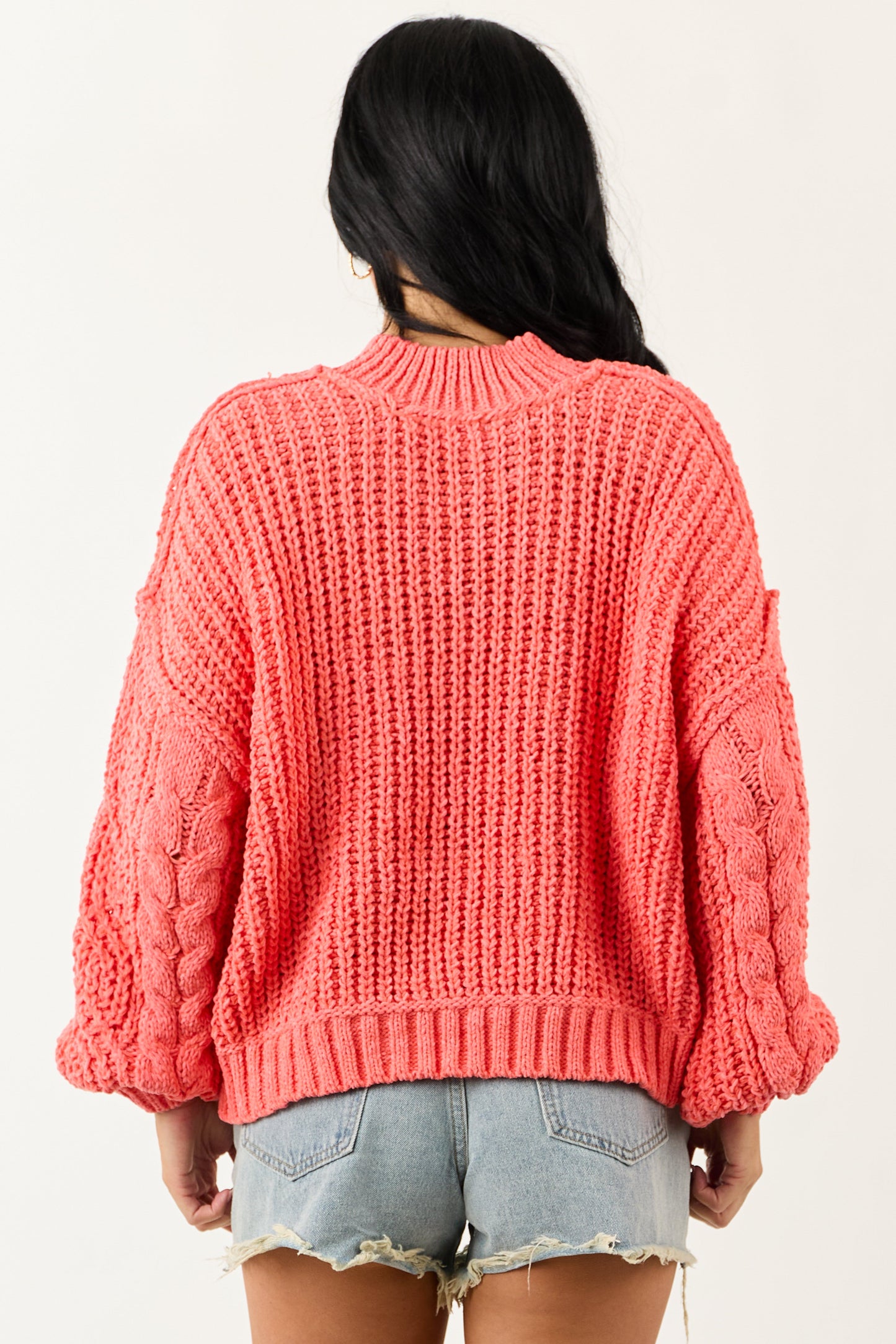 POL Coral Mock Neck Bubble Sleeve Cable Knit Sweater