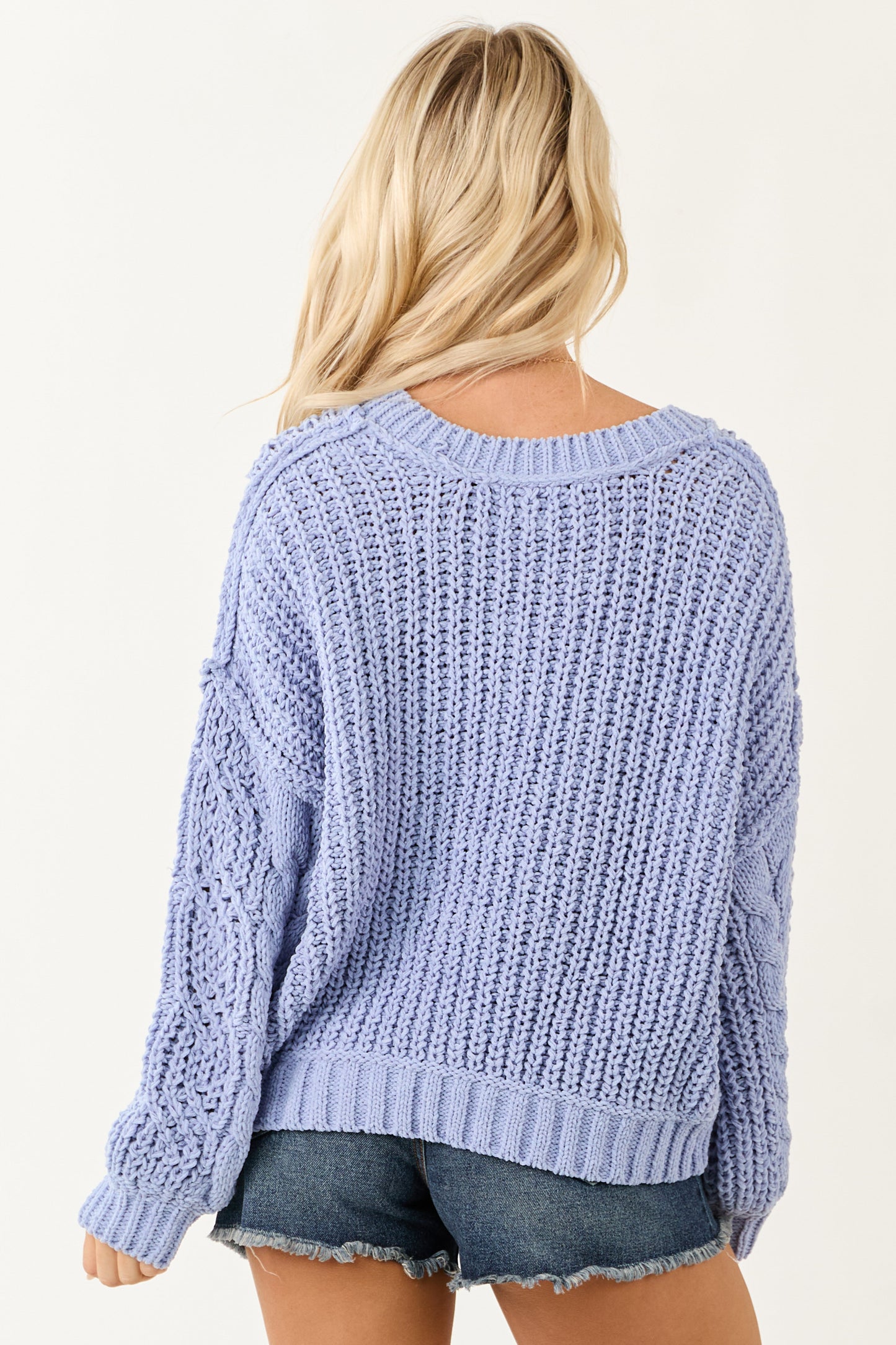 POL Cornflower Bubble Sleeve Cable Knit Sweater