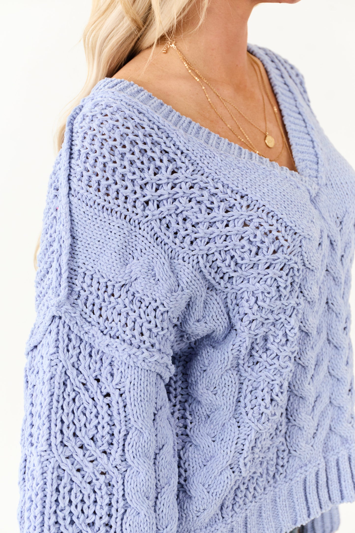 POL Cornflower Bubble Sleeve Cable Knit Sweater