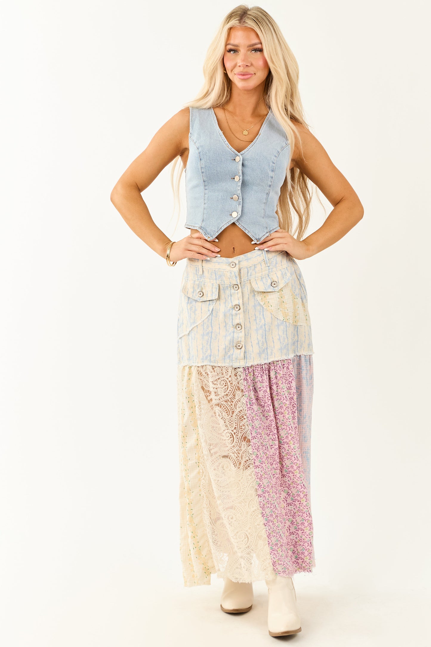 POL Cream Denim Patchwork Hem Maxi Skirt
