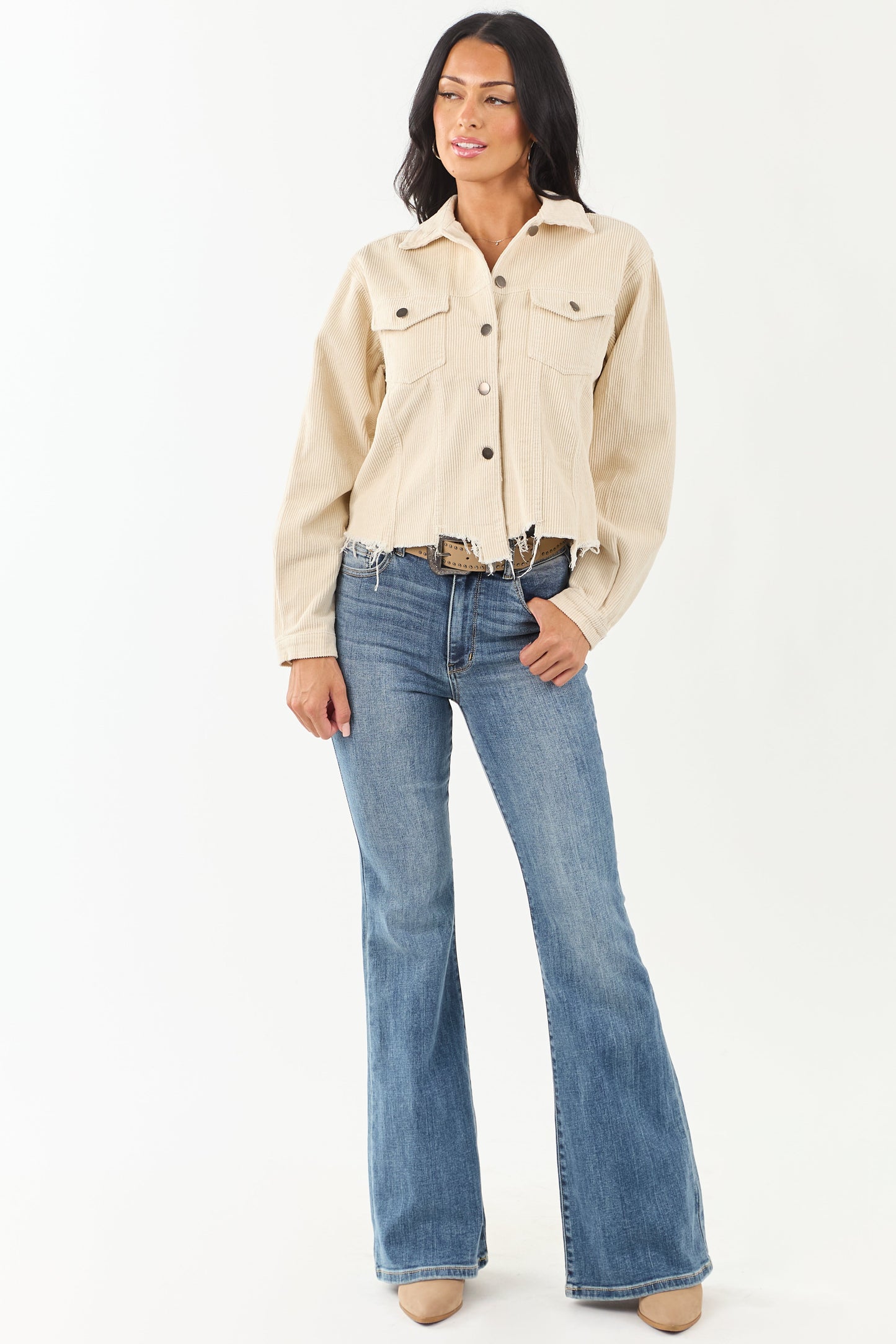 POL Cream Distressed Button Up Corduroy Jacket