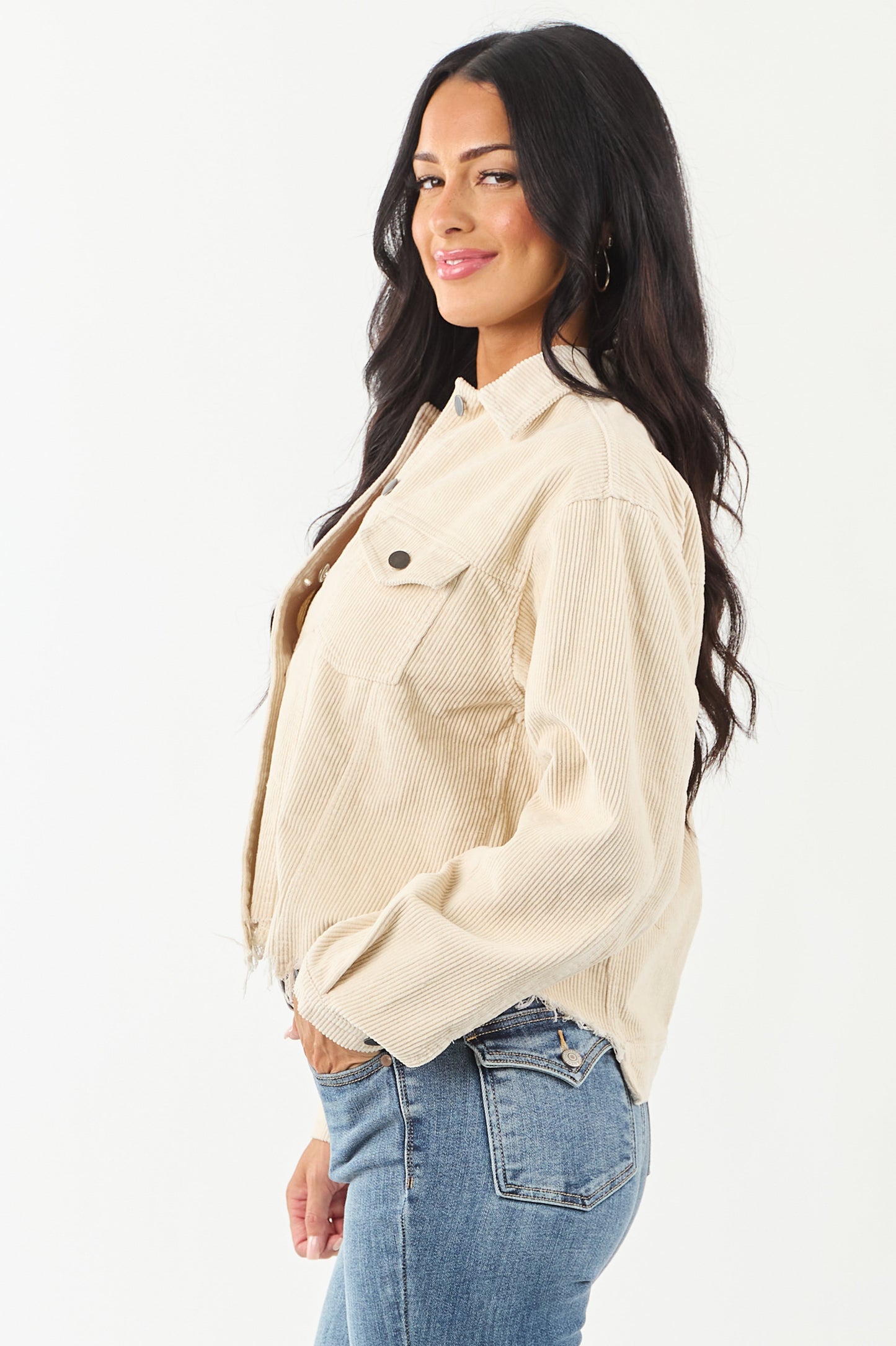 POL Cream Distressed Button Up Corduroy Jacket