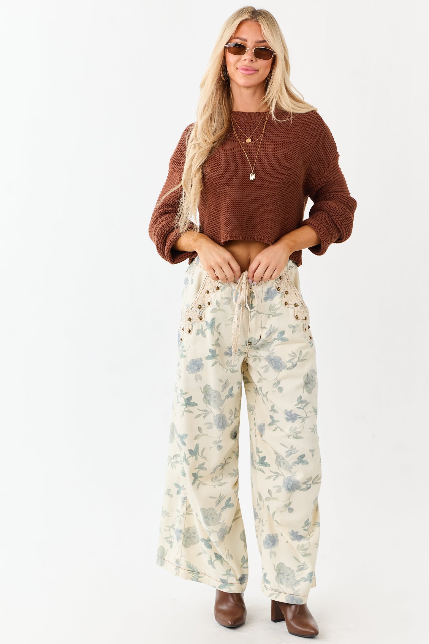 POL Cream Floral Print Wide Drawstring Denim Pants