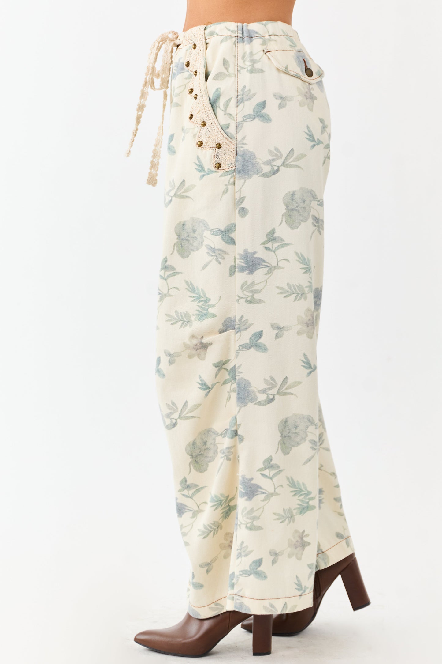 POL Cream Floral Print Wide Drawstring Denim Pants