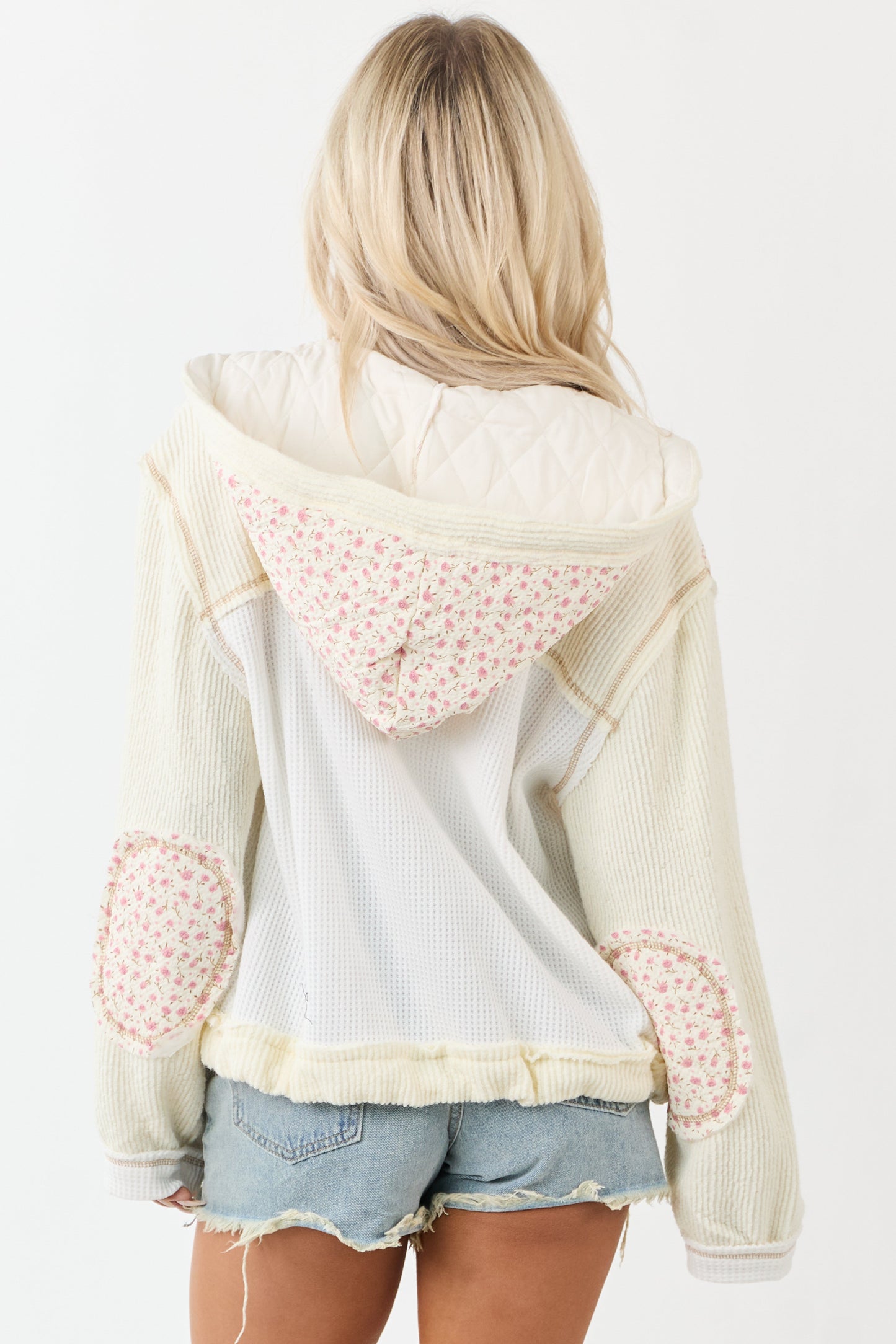 POL Cream Patchwork Button Down Hooded Jacket
