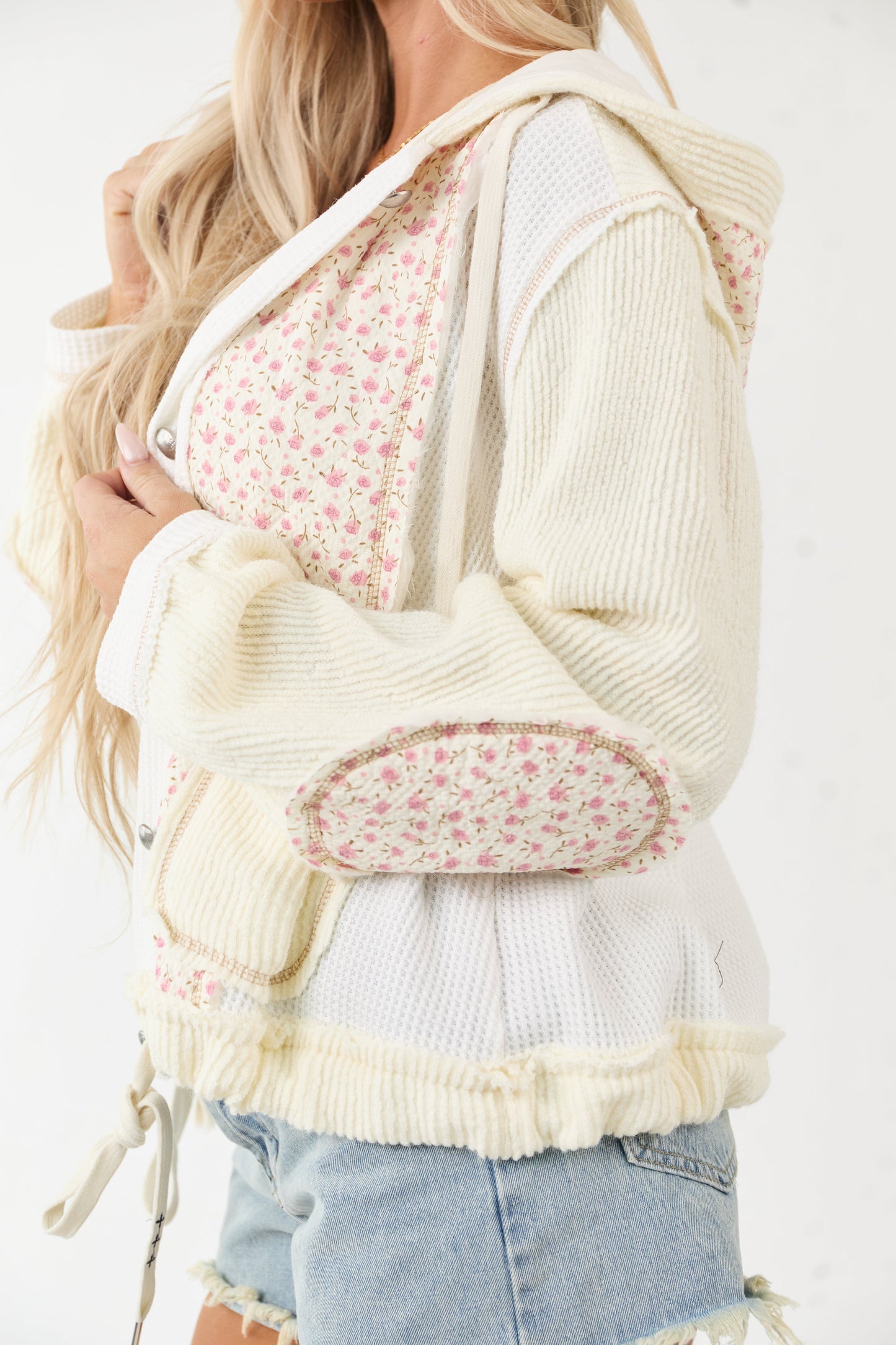 POL Cream Patchwork Button Down Hooded Jacket