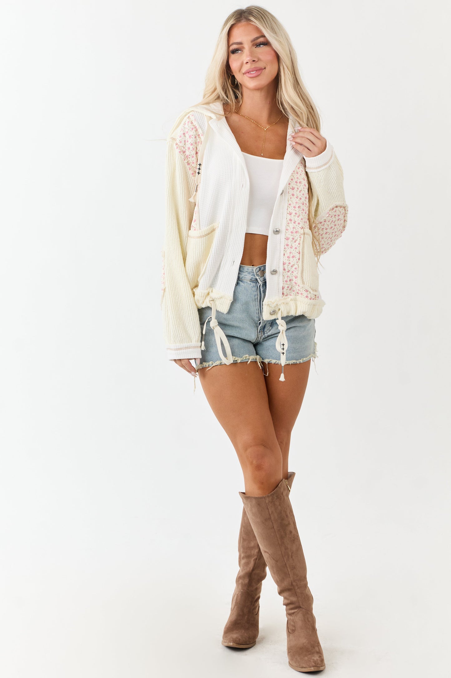 POL Cream Patchwork Button Down Hooded Jacket