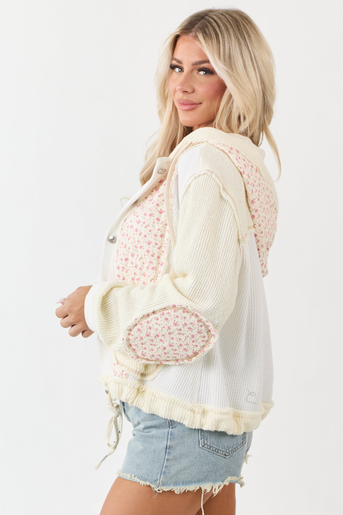 POL Cream Patchwork Button Down Hooded Jacket