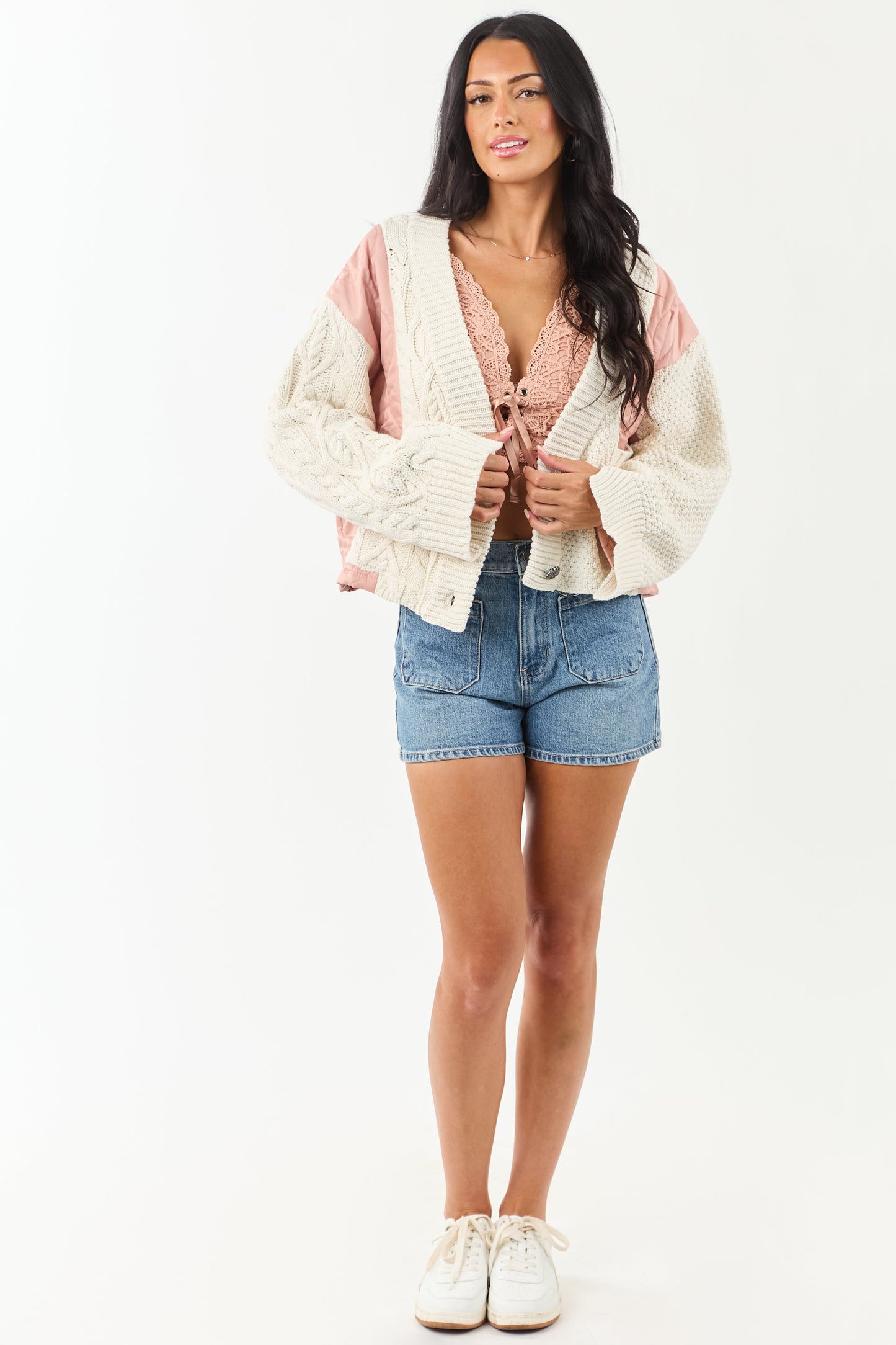 POL Cream and Dusty Blush Button Down Cardigan