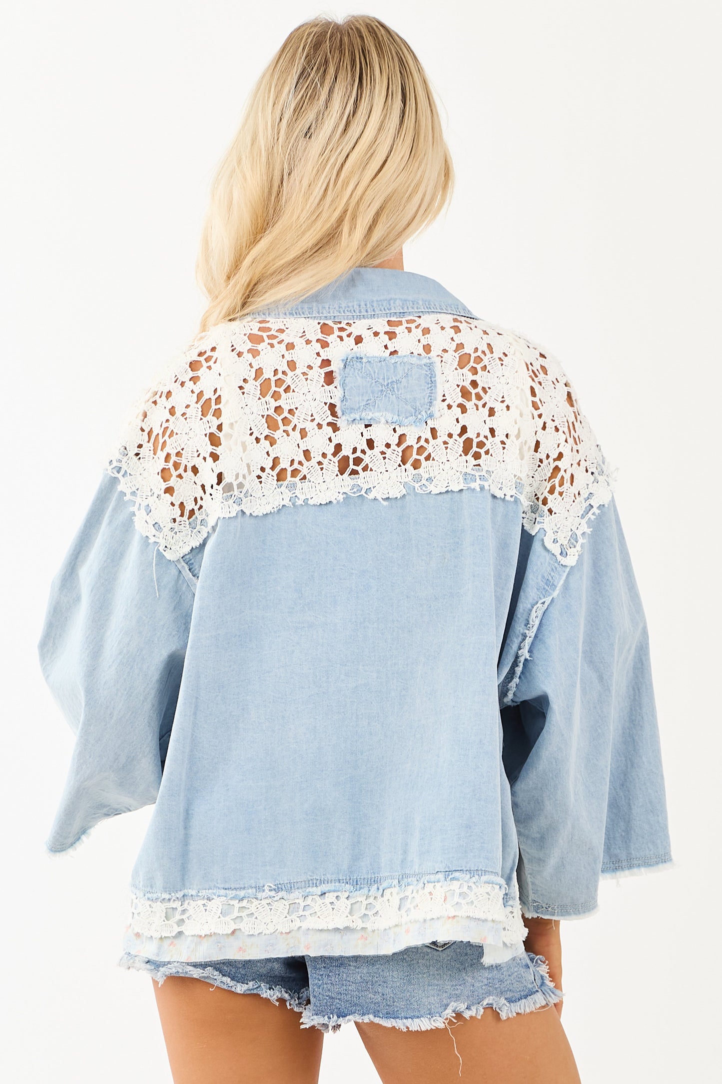 POL Light Wash Chambray Patchwork Button Up Shacket