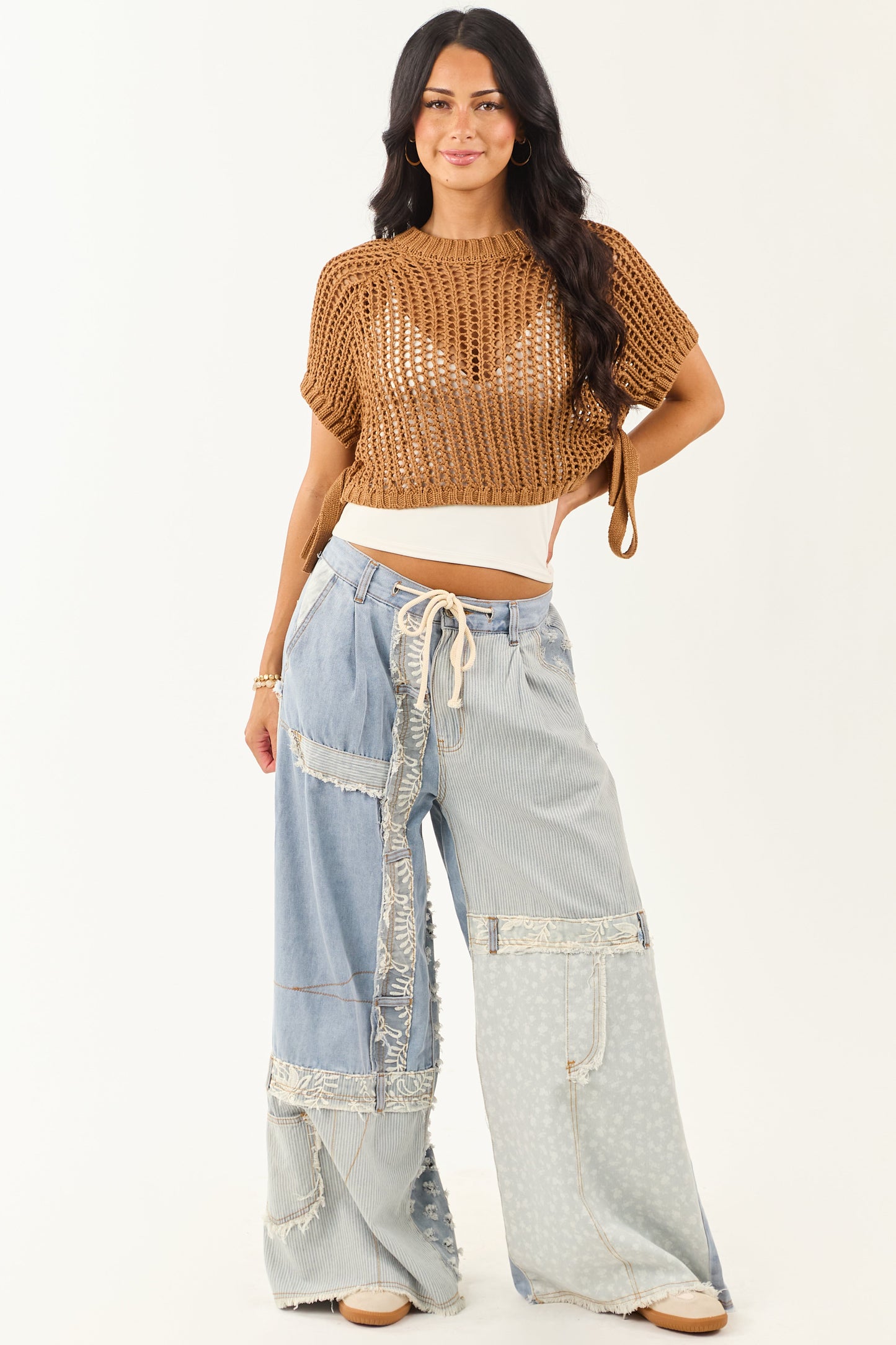 POL Light Wash Denim Patchwork Wide Leg Pants