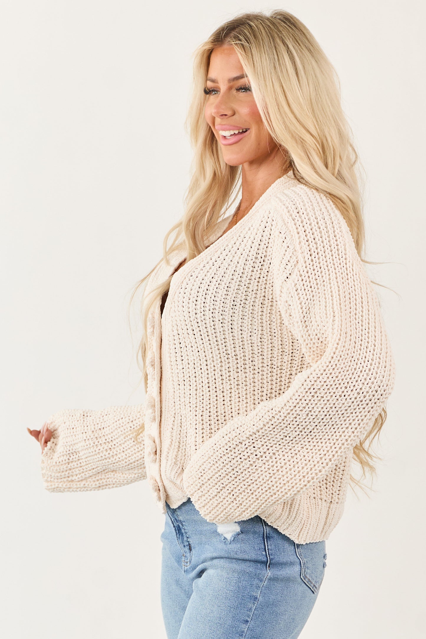 POL Vanilla Knit Flower Button Down Sweater Cardigan