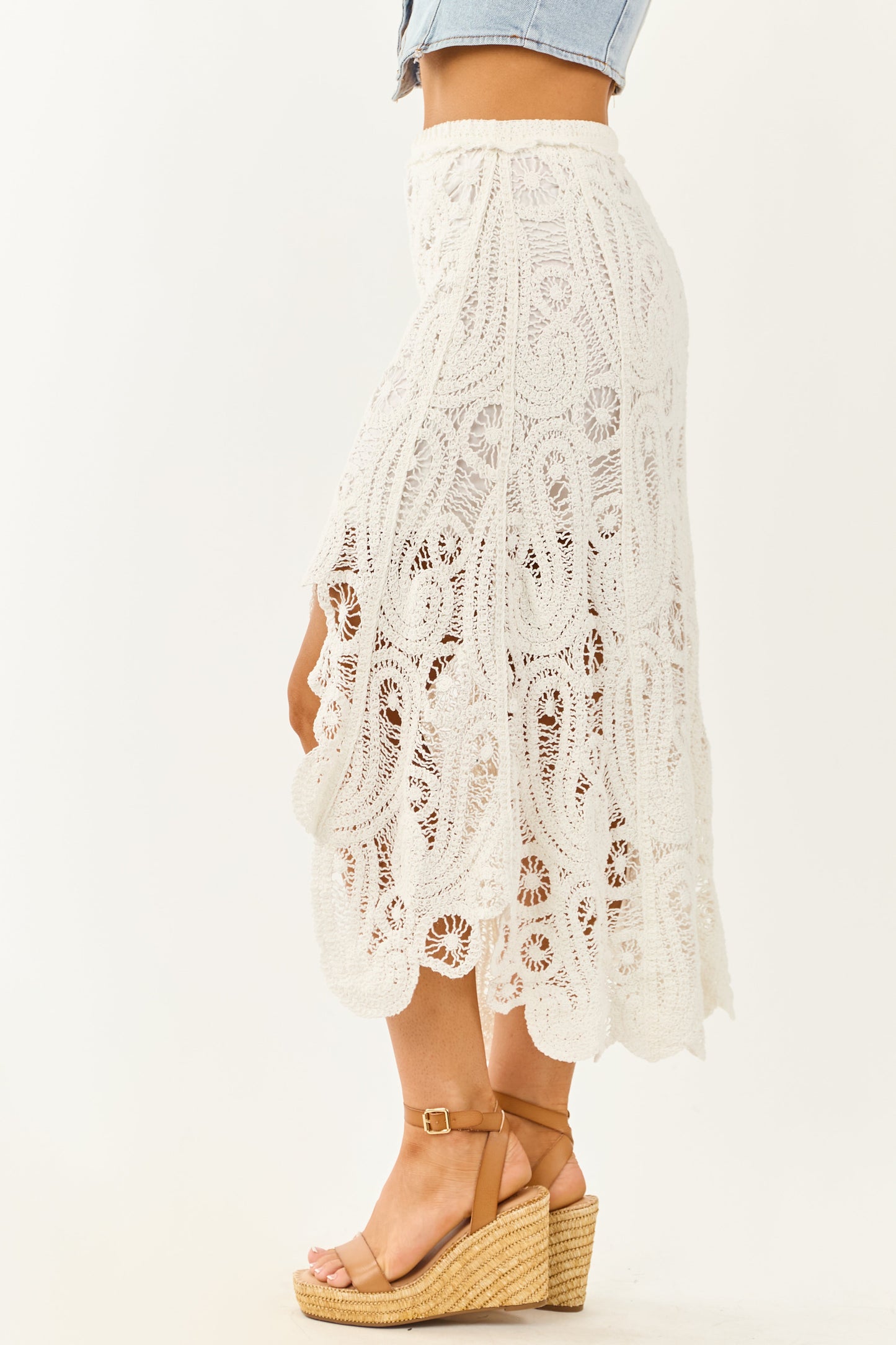 POL White Open Crochet High Low Hem Cotton Maxi Skirt
