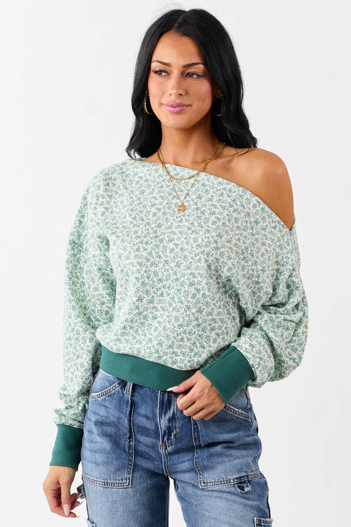 Pine Ditsy Floral One Shoulder Ruched Long Sleeve Top