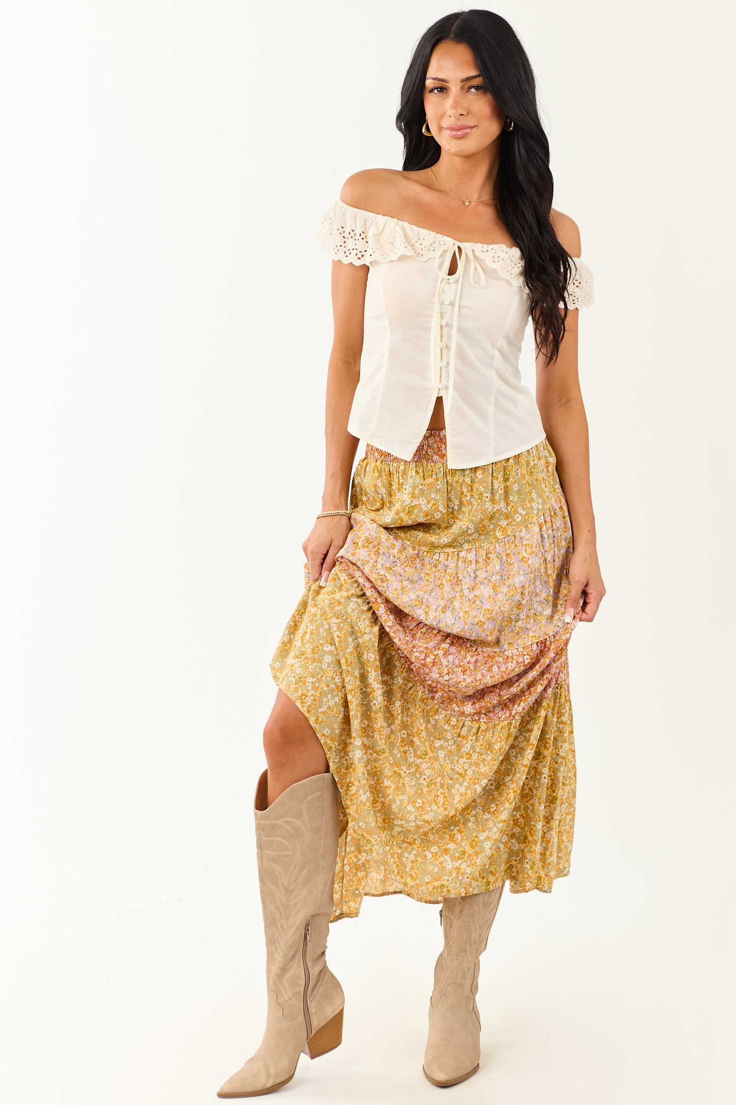 Pistachio Floral Colorblock Smocked Waist Maxi Skirt