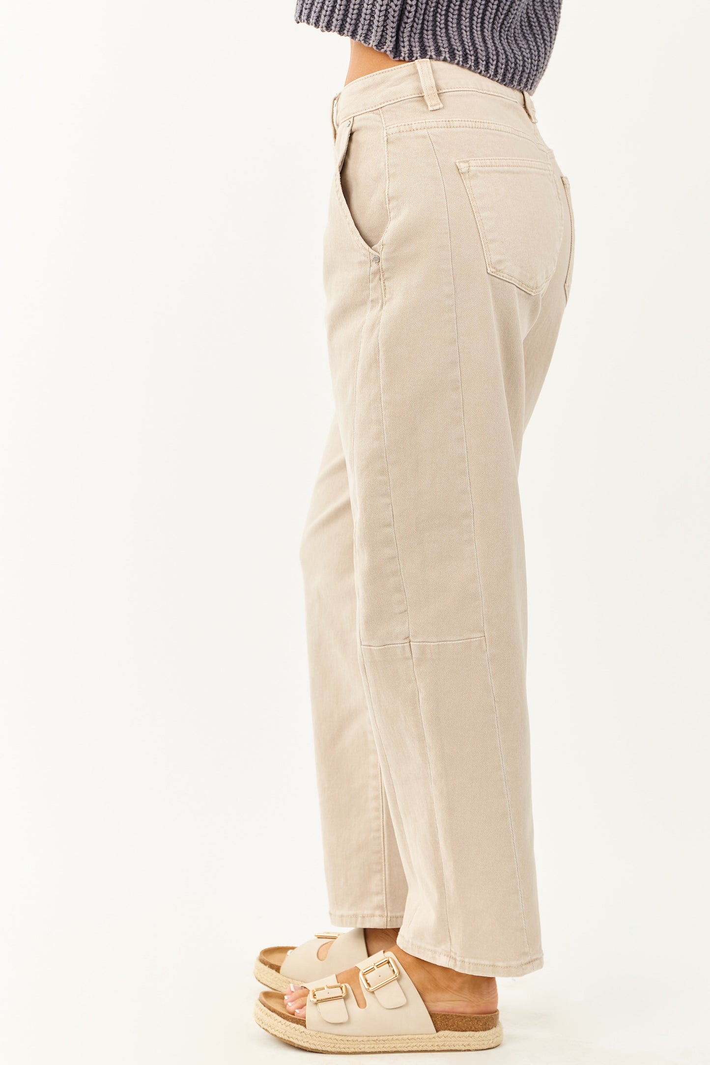 Risen Almond High Rise Cuffed Stretchy Barrel Jeans