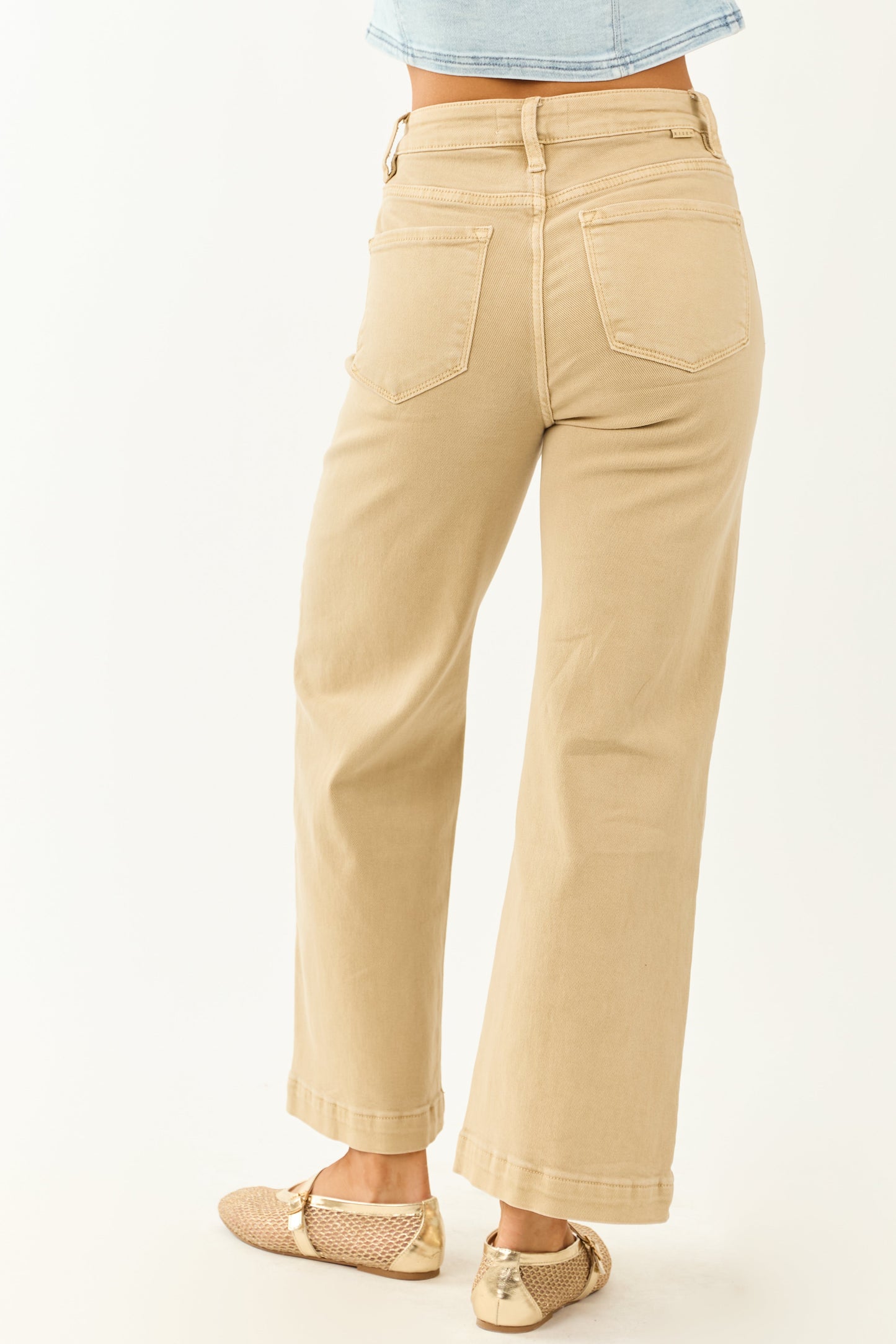 Risen Beige Tummy Control Stretchy Wide Leg Jeans