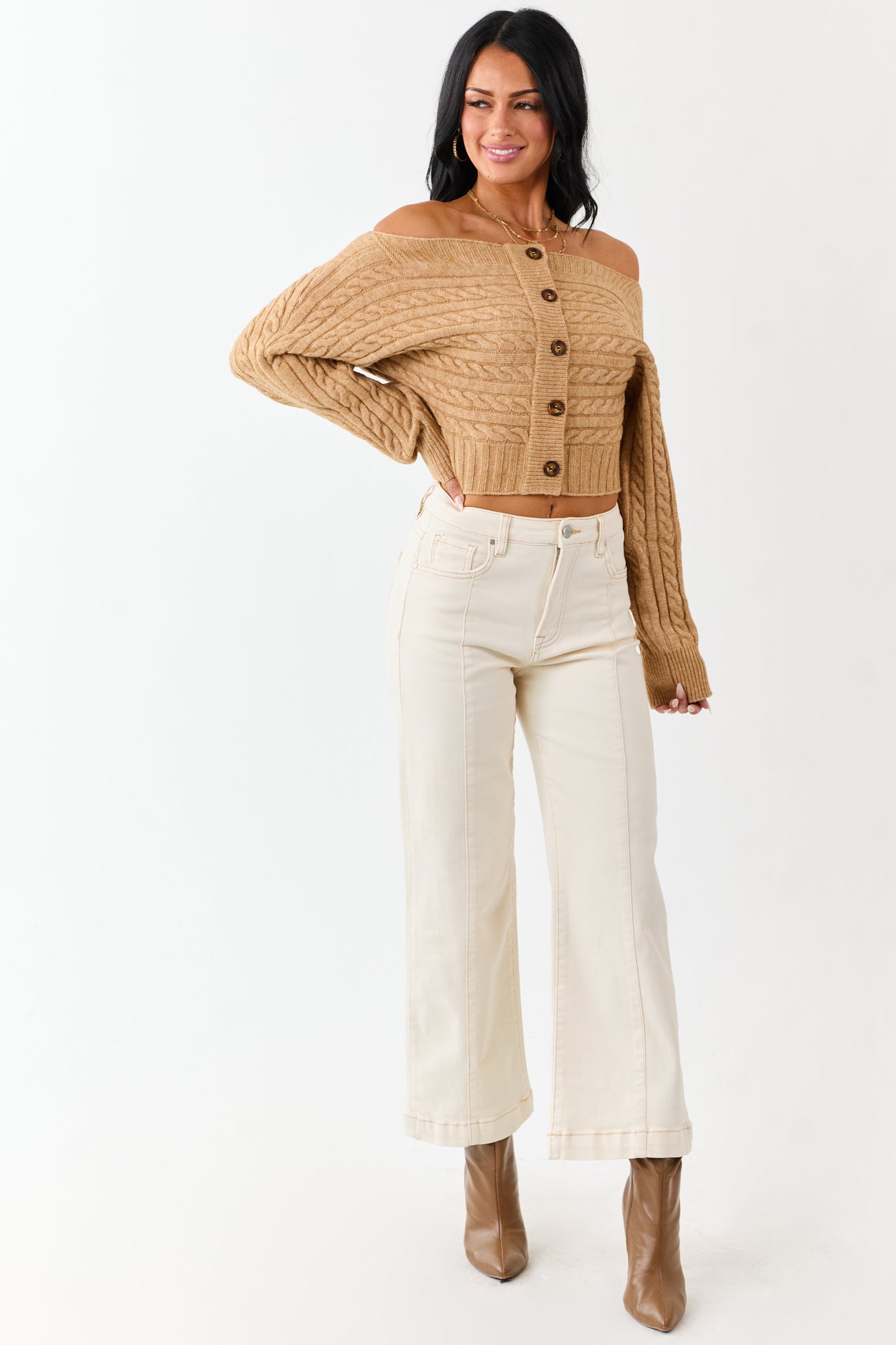 Risen Cream Tummy Control Wide Leg Stretchy Jeans