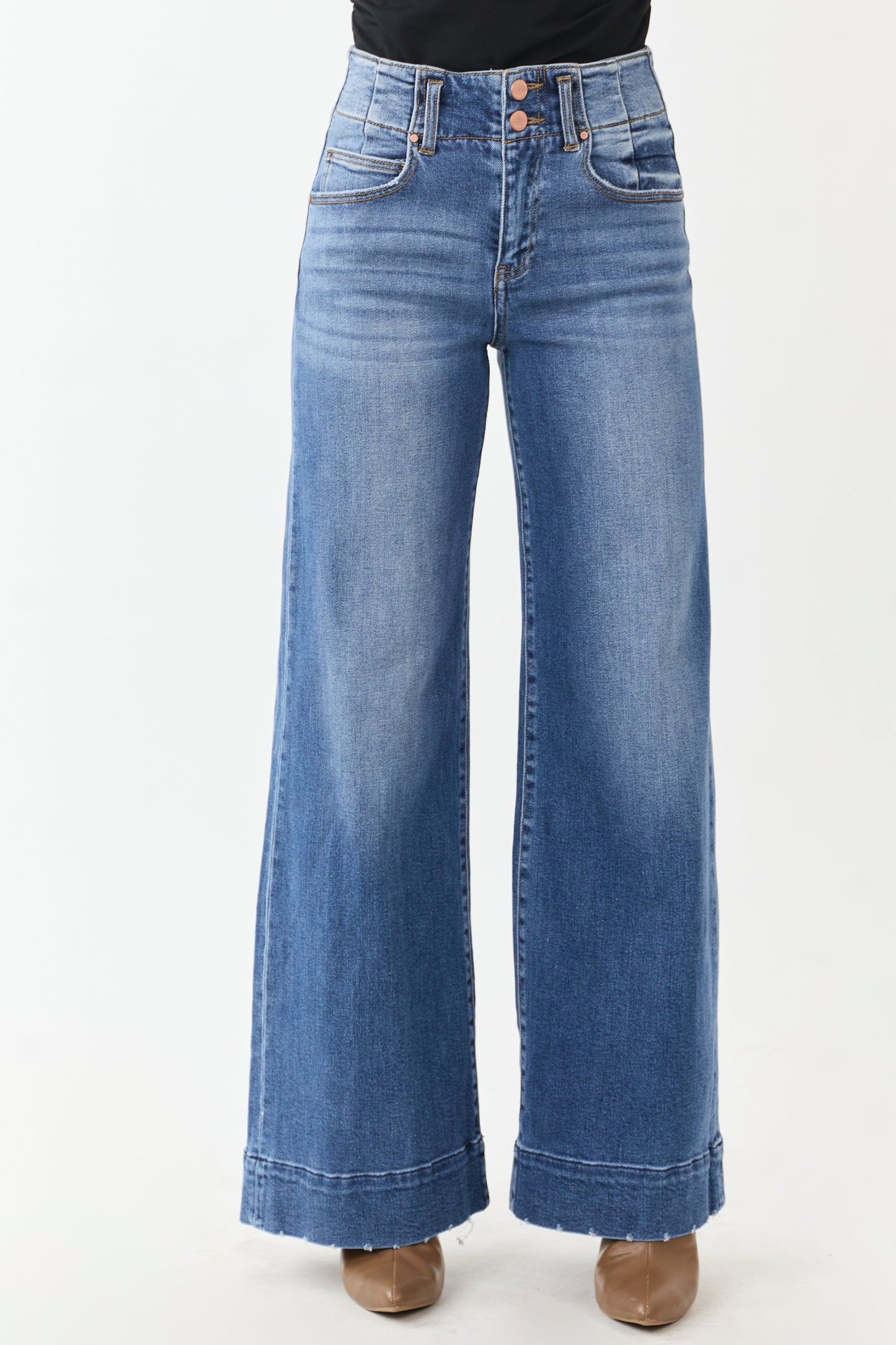 Risen Dark Wash Waist Seam Wide Leg Stretchy Jeans