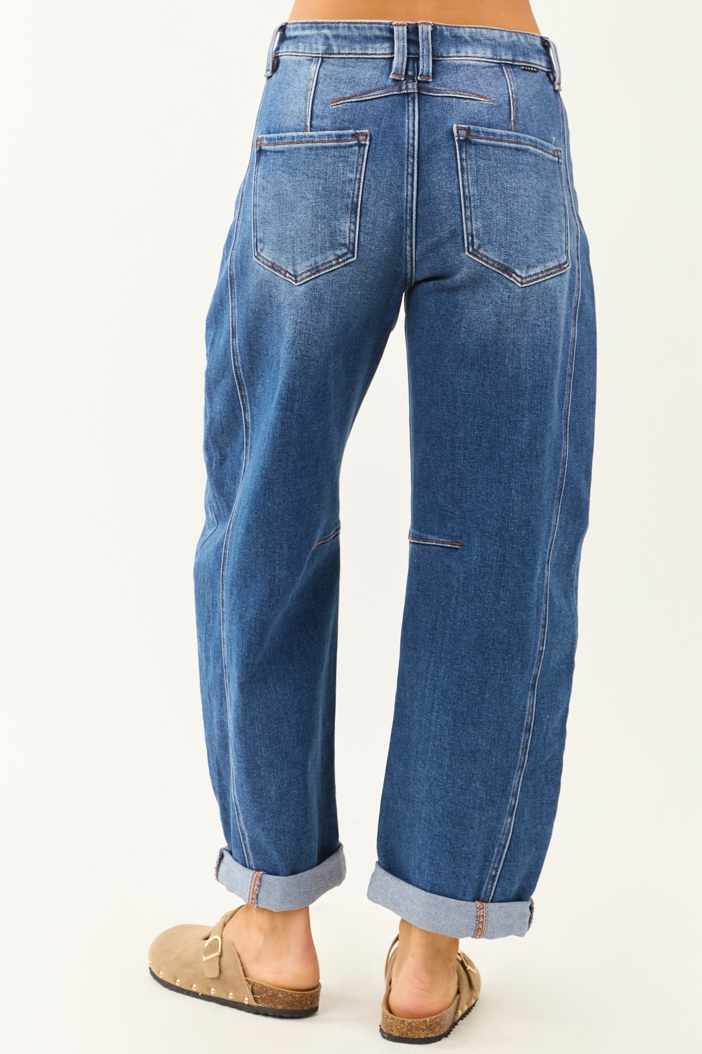 Risen Stretchy Dark Wash Cuffed Barrel Jeans