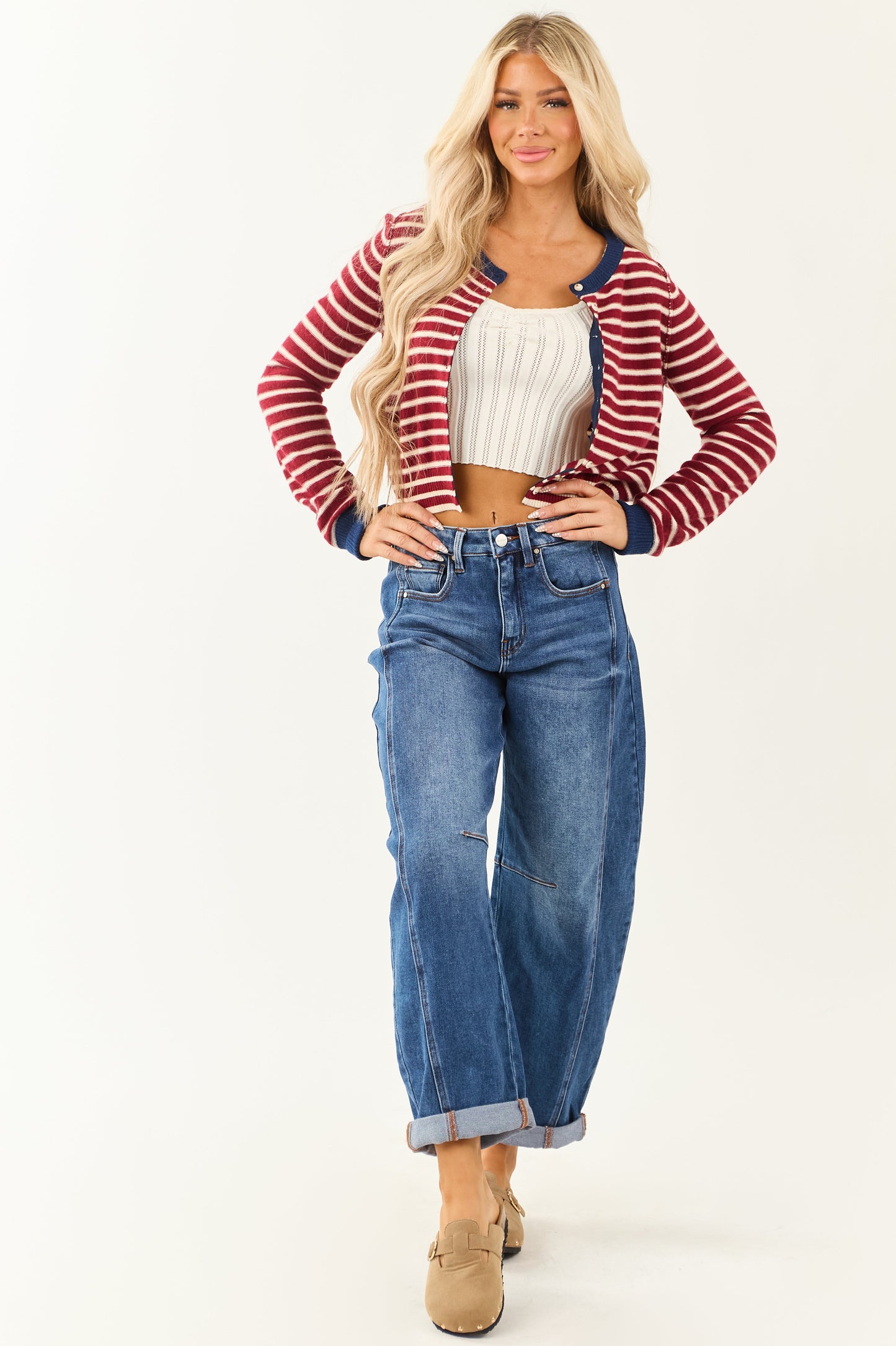 Risen Stretchy Dark Wash Cuffed Barrel Jeans
