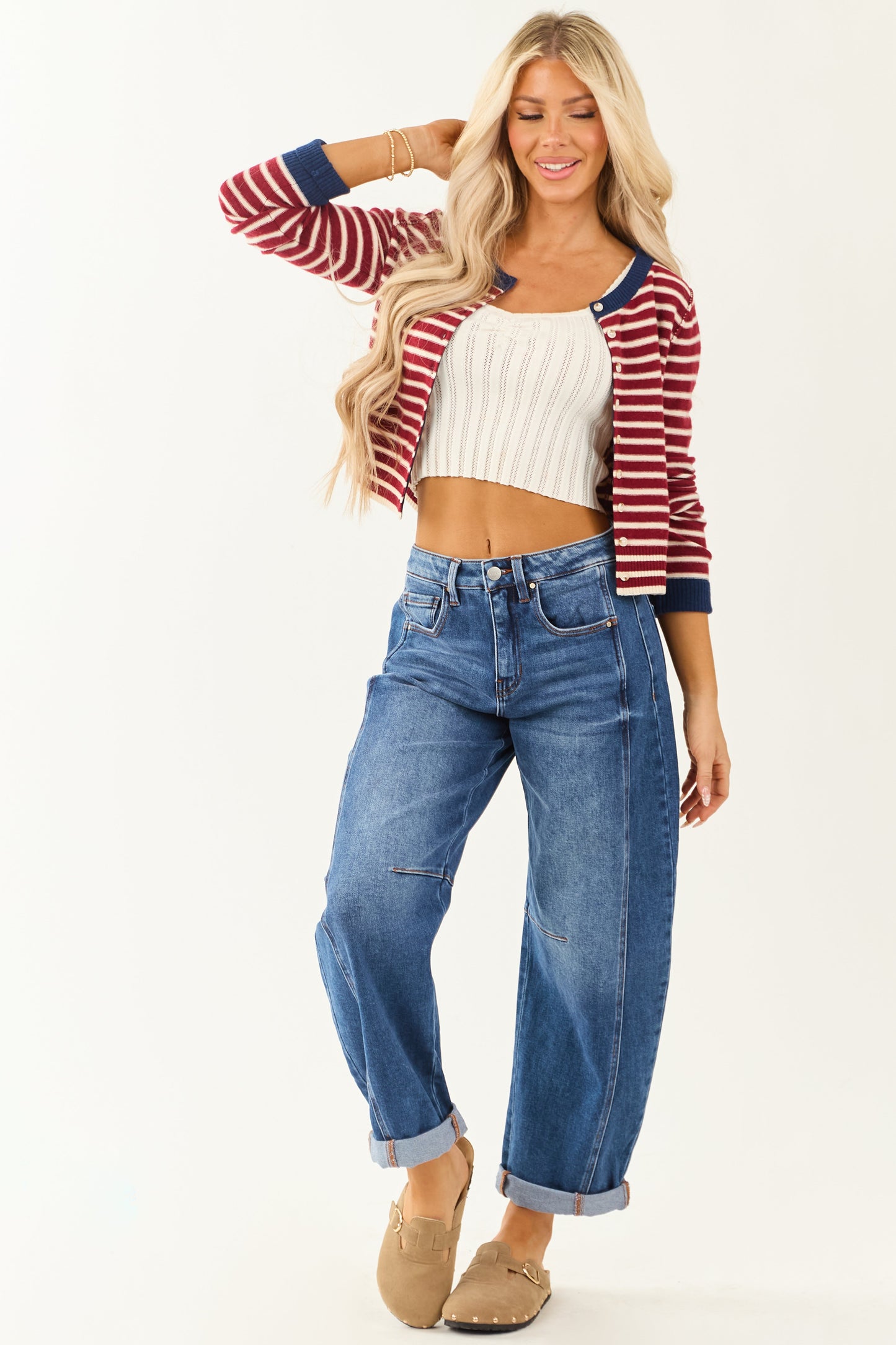 Risen Stretchy Dark Wash Cuffed Barrel Jeans