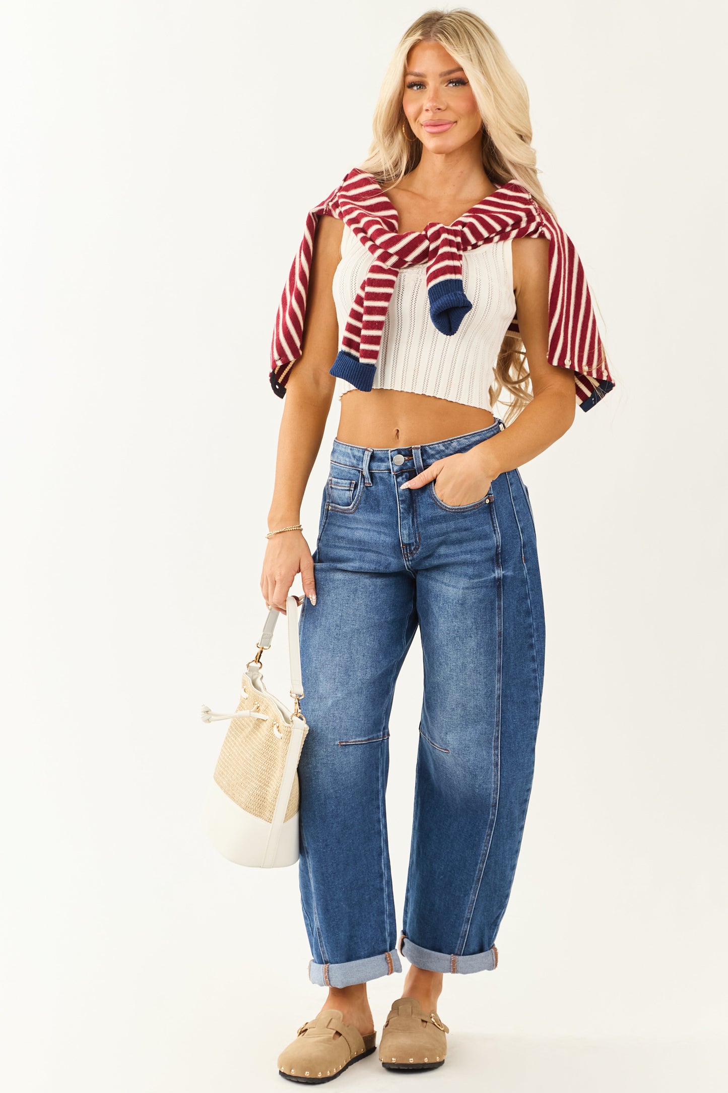 Risen Stretchy Dark Wash Cuffed Barrel Jeans