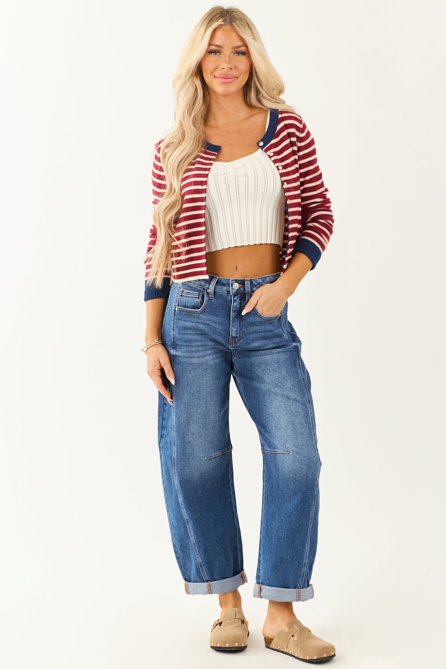 Risen Stretchy Dark Wash Cuffed Barrel Jeans