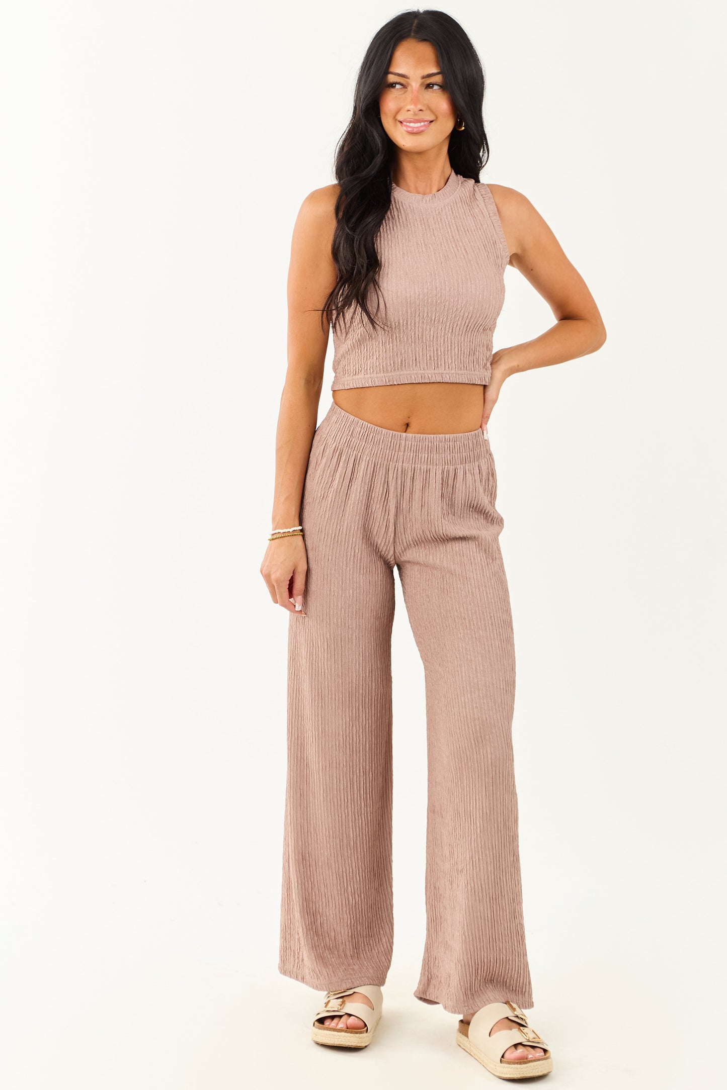 Rose Taupe Crinkled Sleeveless Crop Top and Pants Set