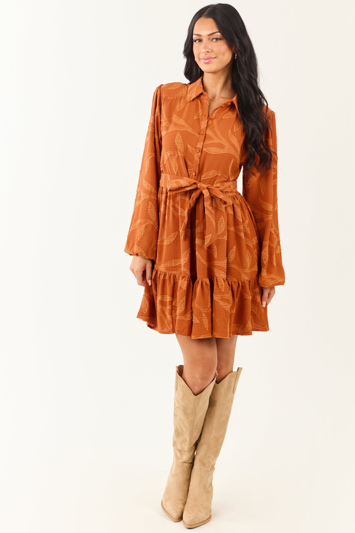 Rust Textured Jacquard Leaf Collared Mini Dress