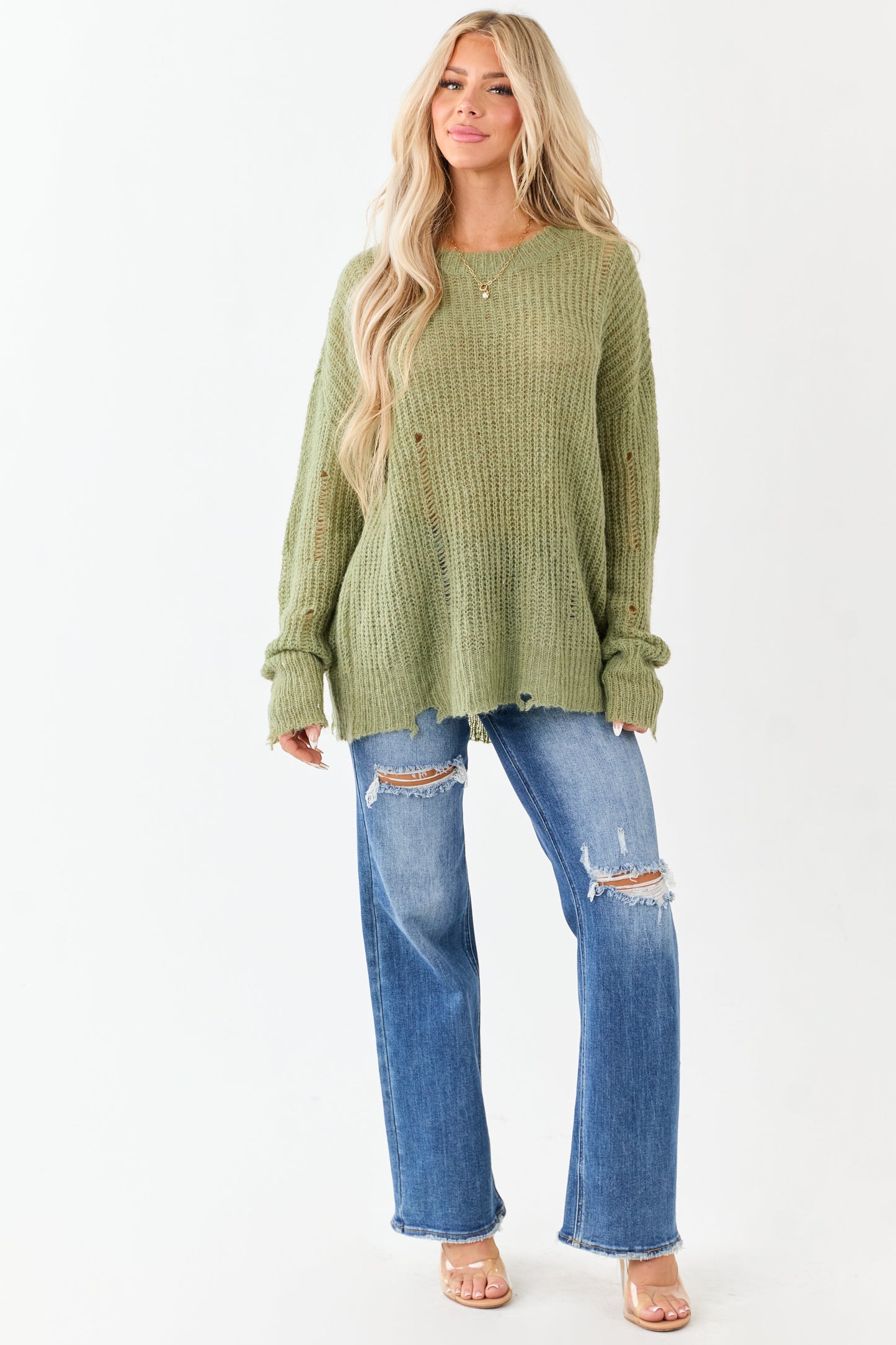 Sage Wool Blend Distressed Ribbed Knit Sweater