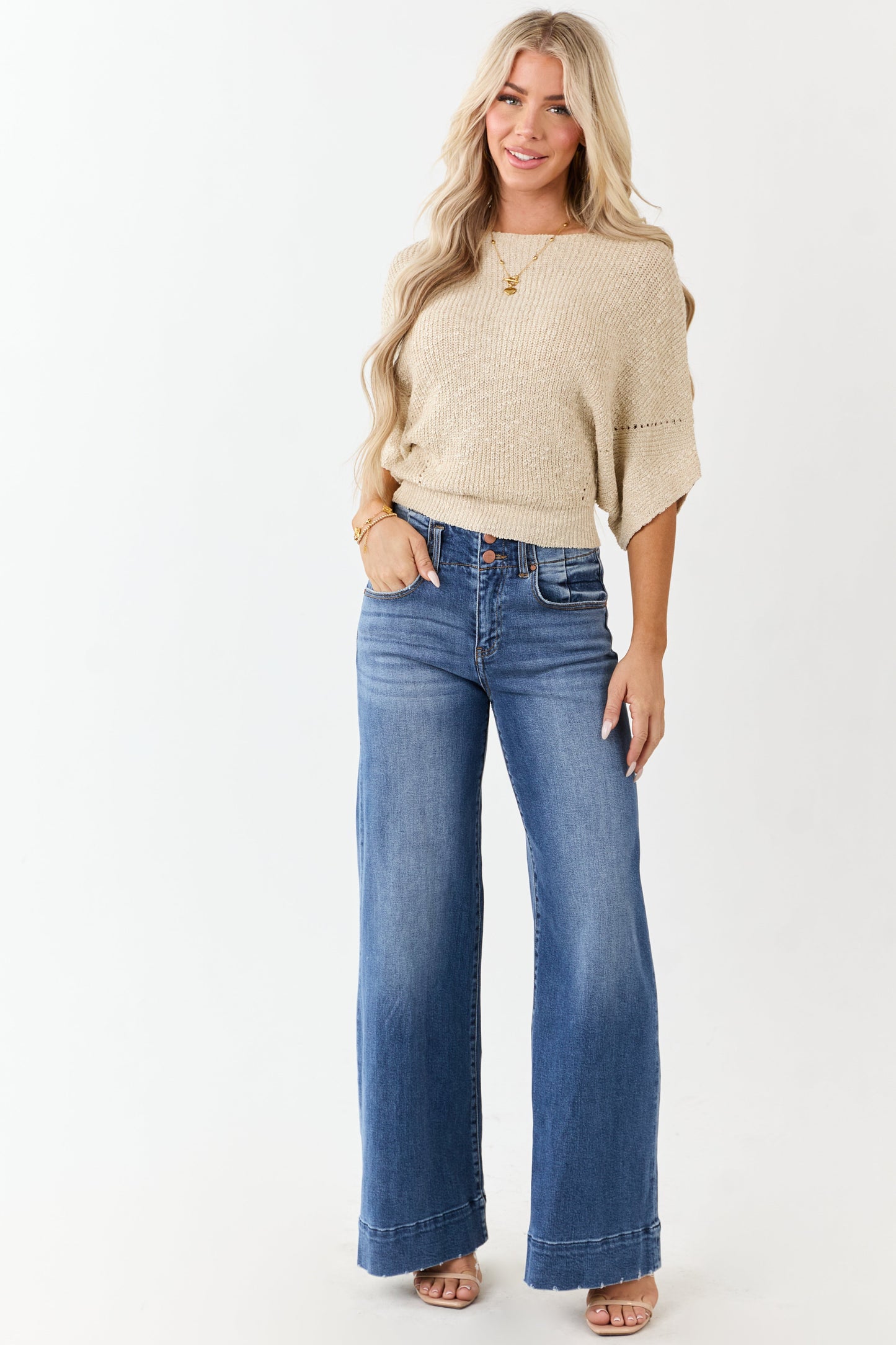 Sand Half Dolman Sleeve Relaxed Knit Sweater