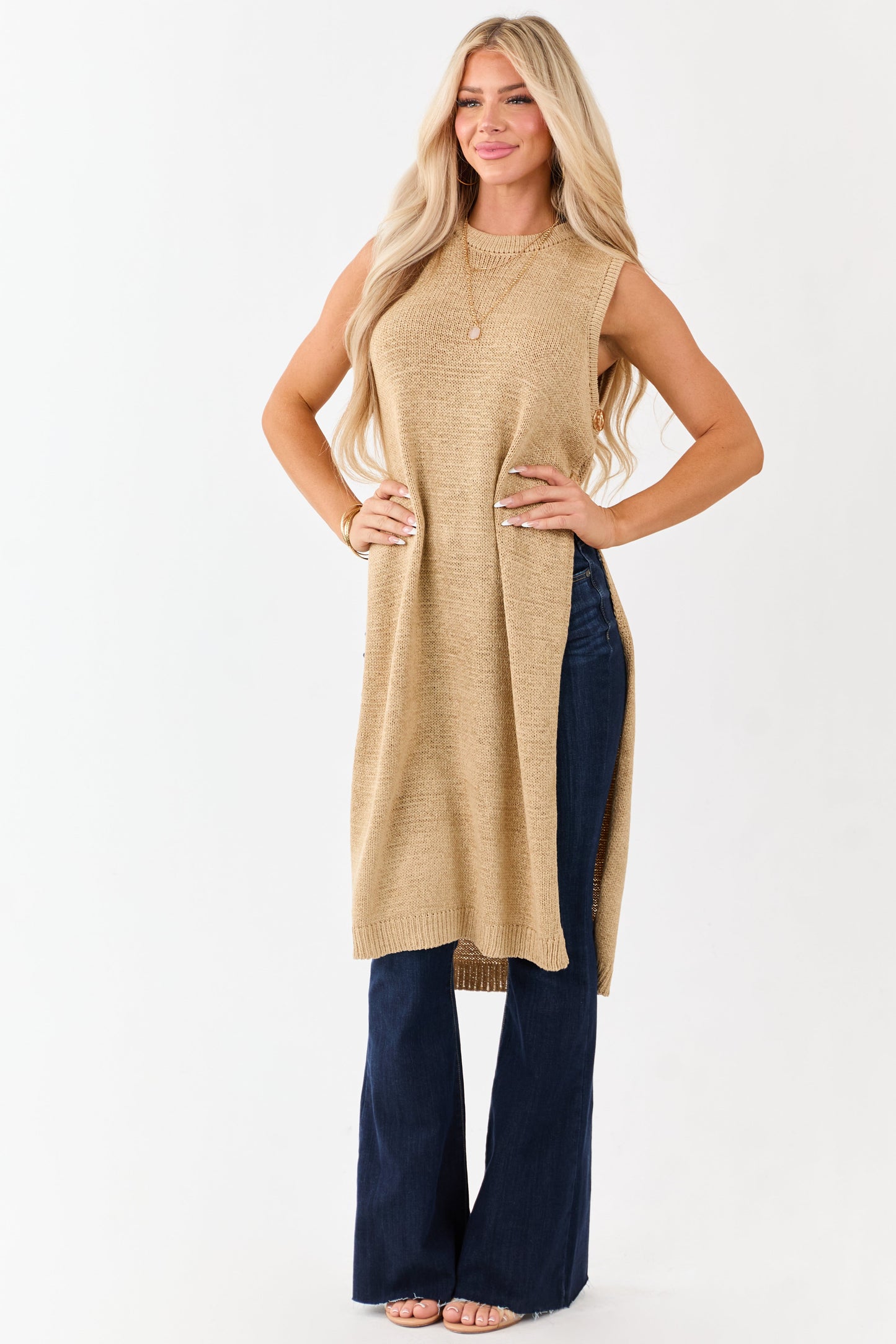 Sand Round Neck Side Slit Sweater Duster Vest