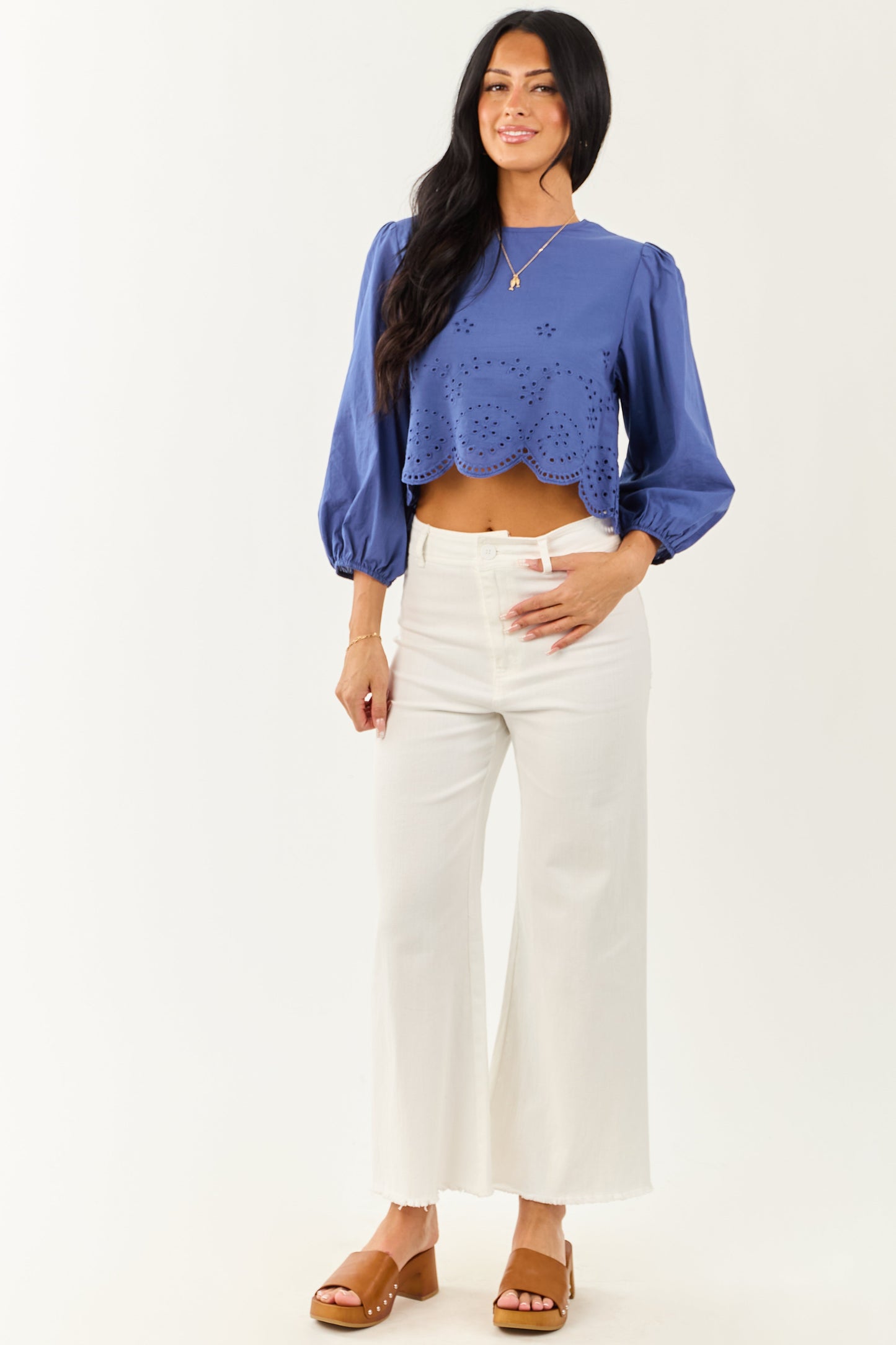Sapphire Eyelet Long Sleeve Cotton Crop Top