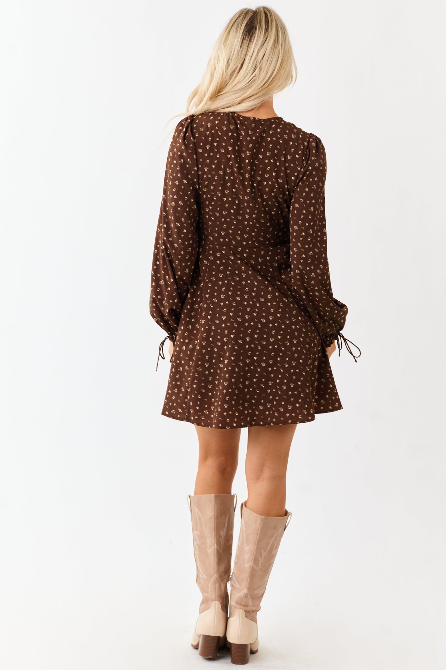 Sepia Ditsy Floral Print Puff Sleeve Mini Dress