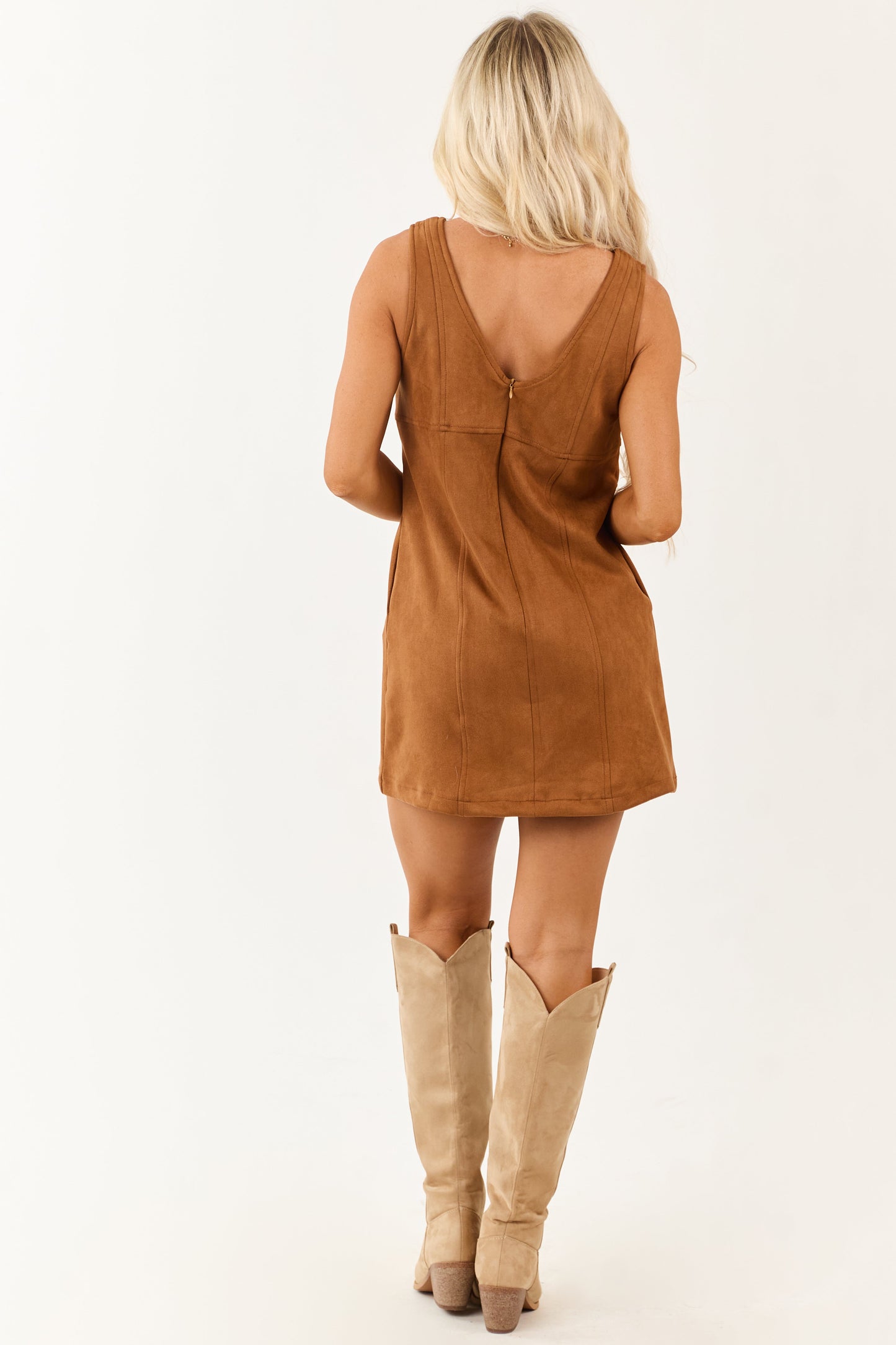 Sepia Faux Suede Sleeveless V Neck Mini Dress