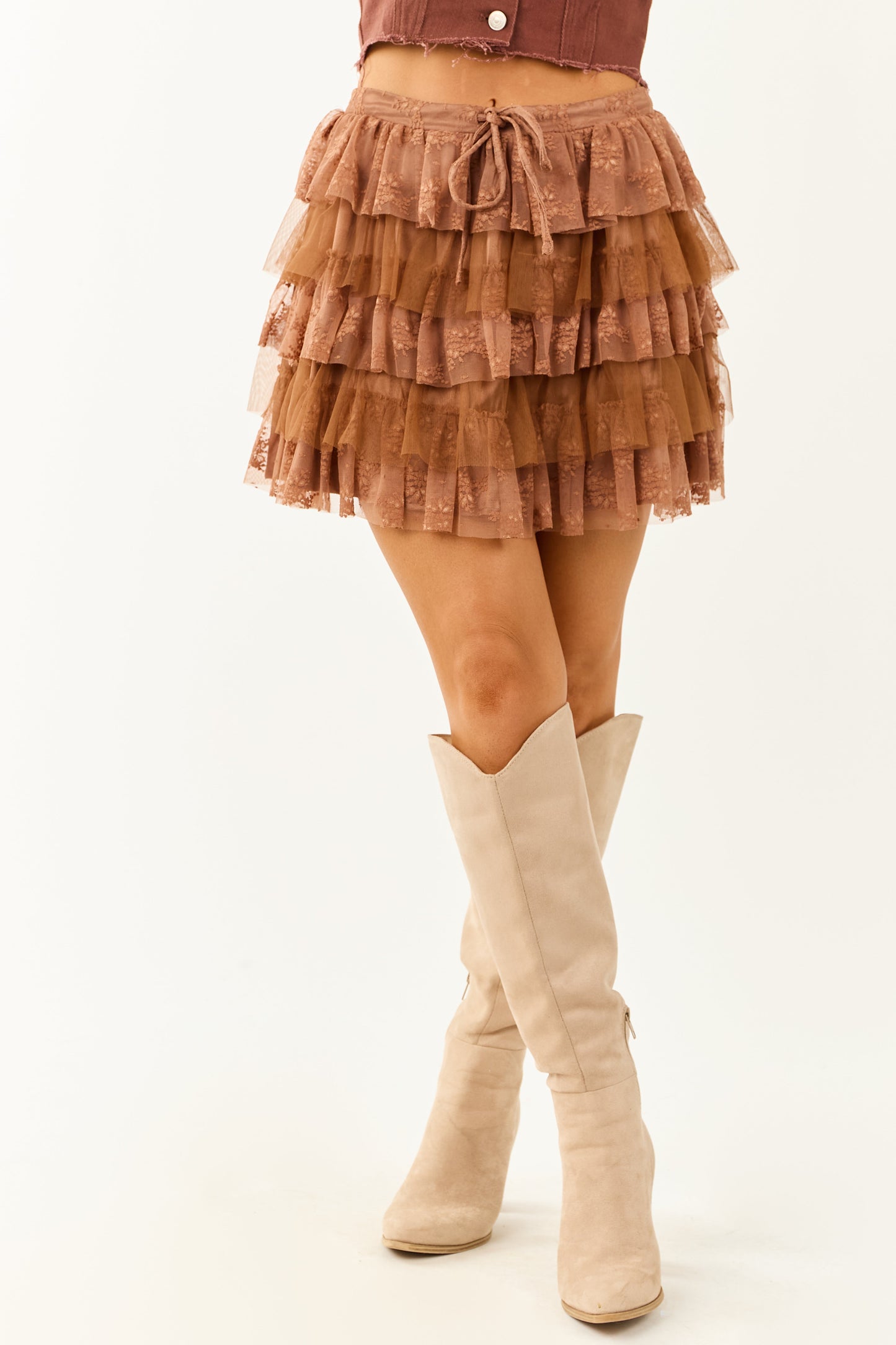 Sepia Lace and Tulle Layered Ruffle Mini Skirt