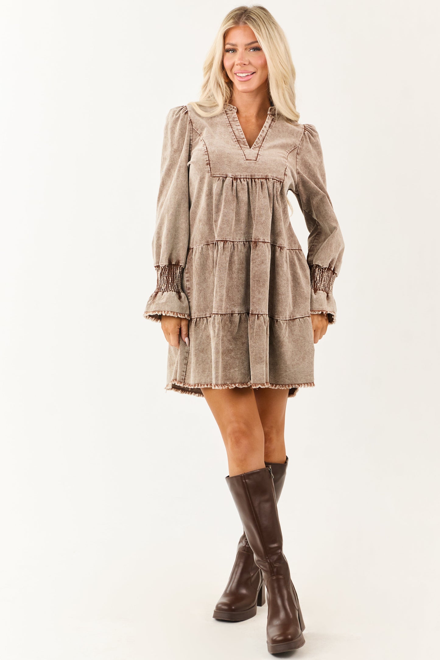 Sepia Stone Wash Corduroy Long Sleeve Mini Dress